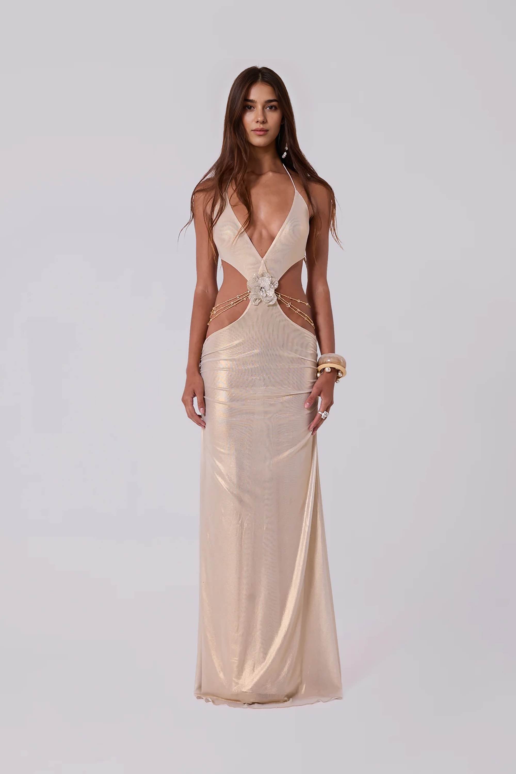 Metallic Gold Beaded Flower Halter Maxi Dress Dress