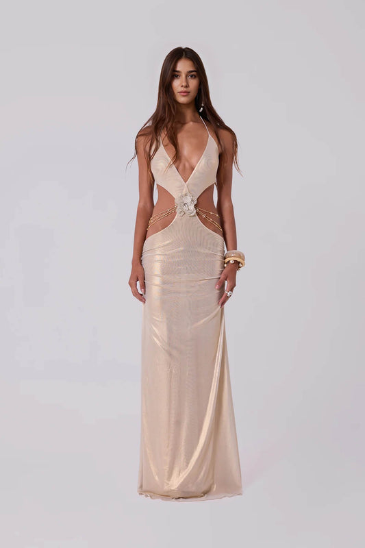 Metallic Gold Beaded Flower Halter Maxi Dress Dress