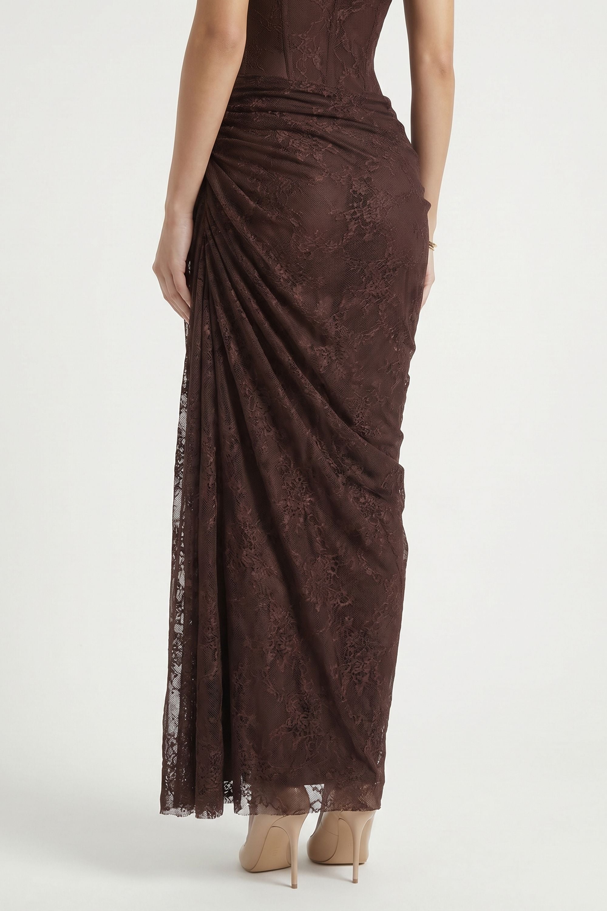 Brown One Shoulder Lace Floral Corset Ruched Dress - Dress
