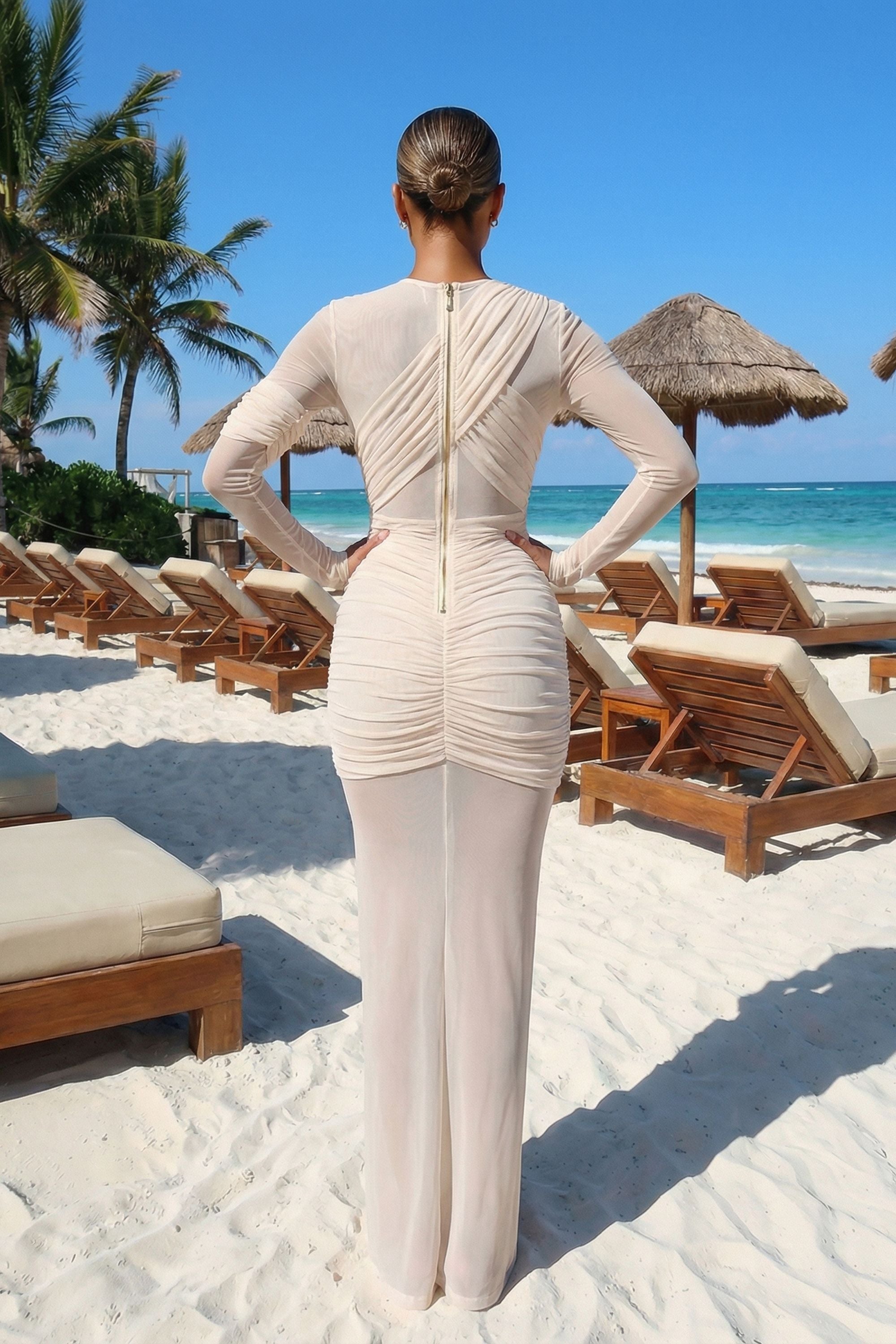 Ivory Sheer Mesh Ruched Long Sleeve Maxi Dress Dress