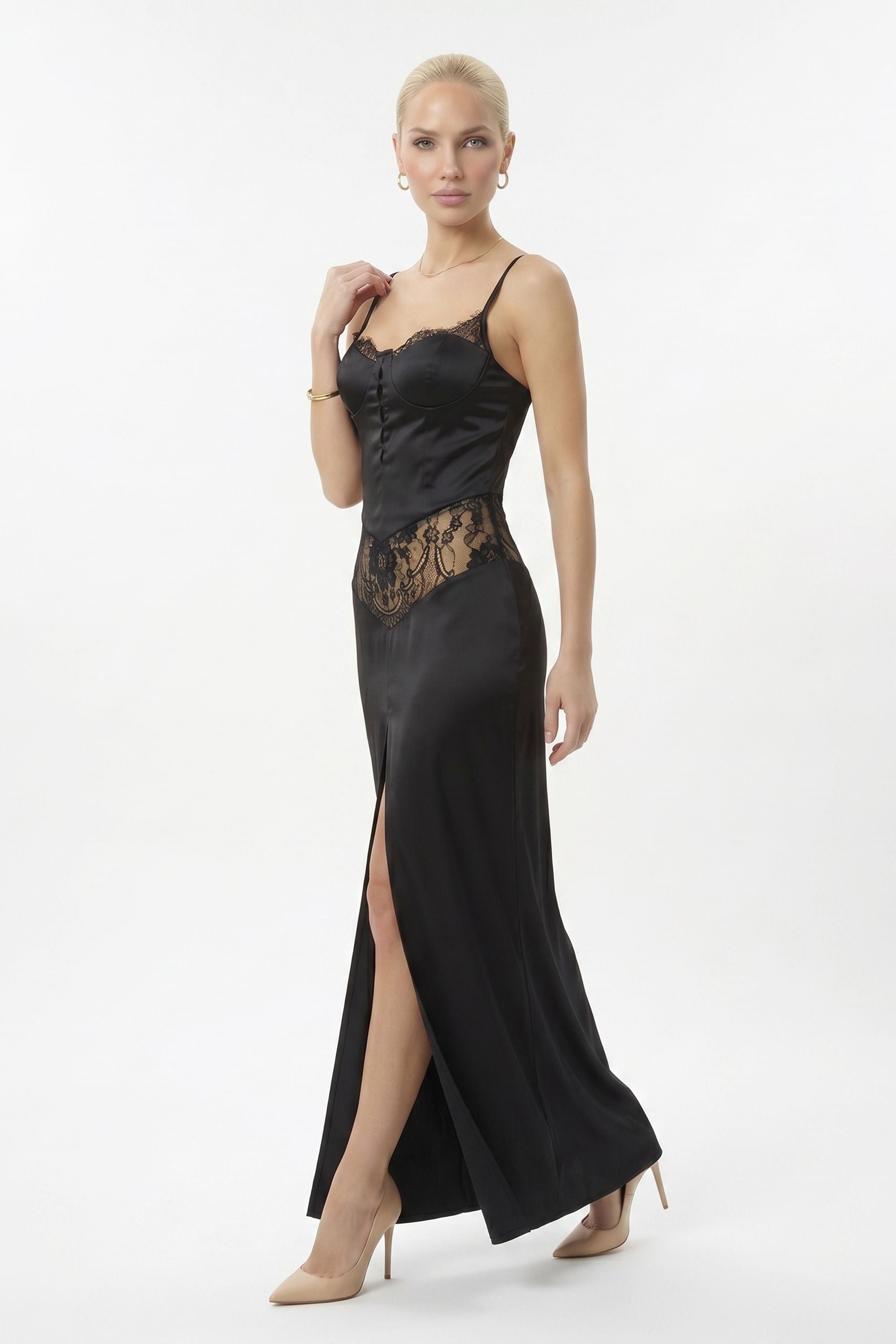 black silk corset dress Black Satin Lace Corset Maxi Dress – Selene Dress