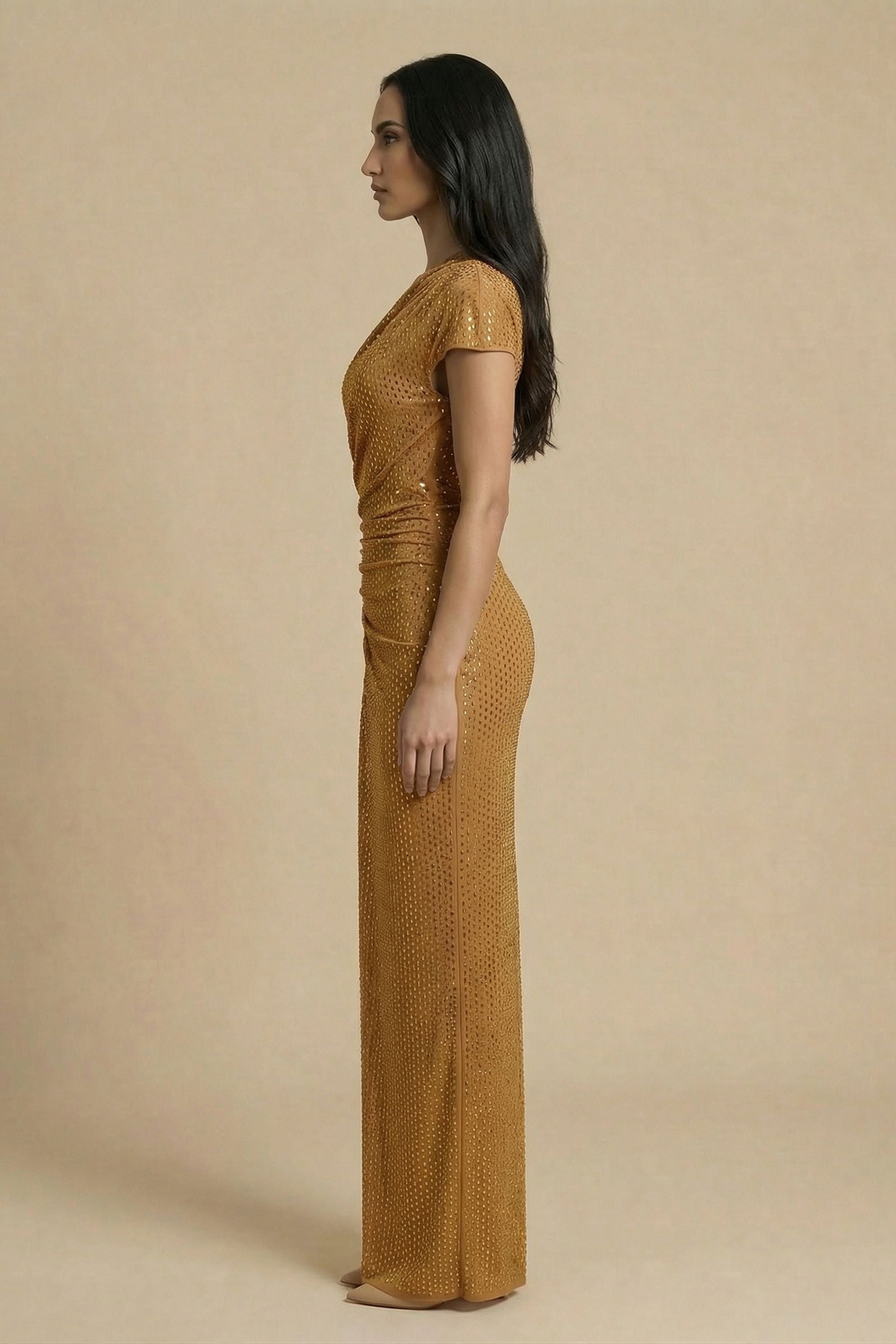 Gold Rhinestone Short Sleeve Mesh Maxi Dress Gold / 00