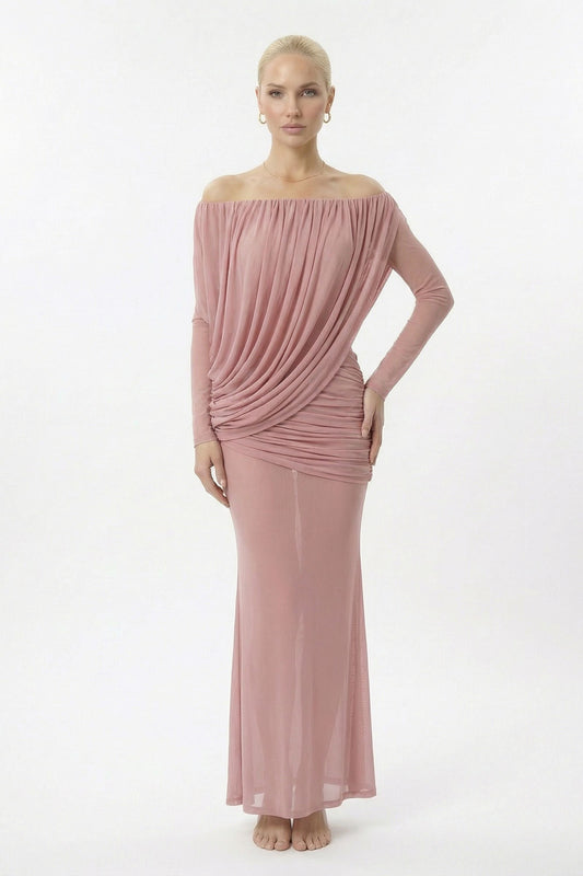 Pink Off Shoulder Ruched Bodycon Sheer Maxi Dress - Pink / 4 - Dress