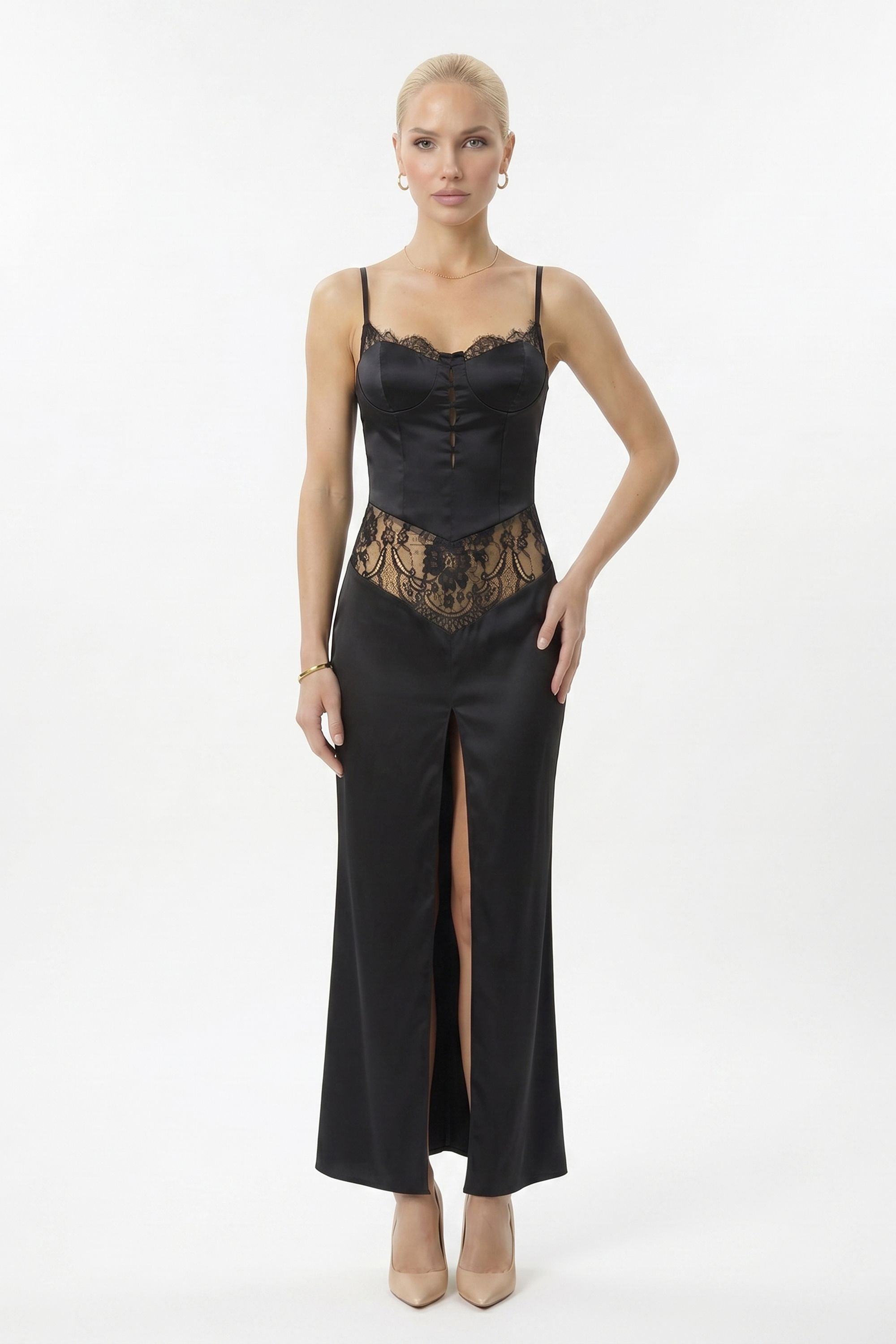 Black Satin Lace Corset Maxi Dress Selene Dress Black Satin Lace Corset Maxi Dress Selene Dress
