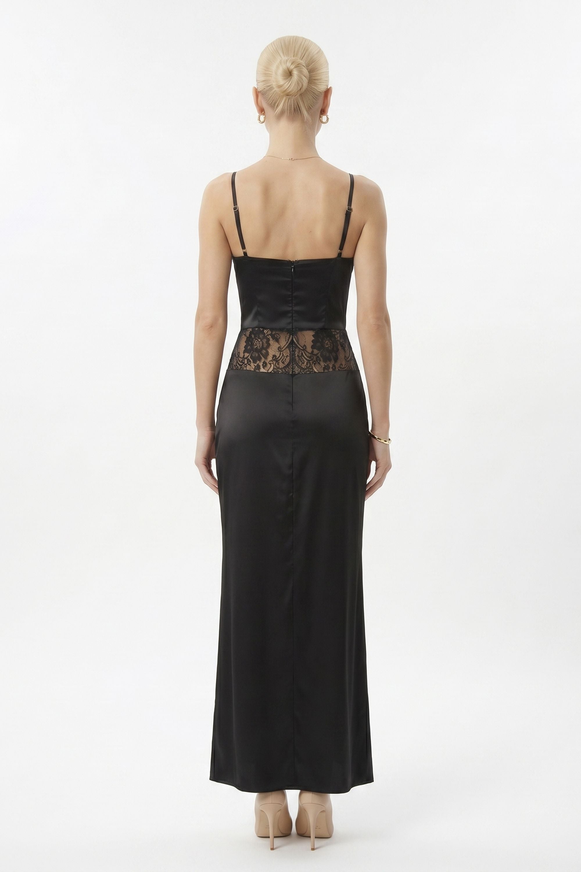 Black Satin Lace Corset Maxi Dress Black / 8