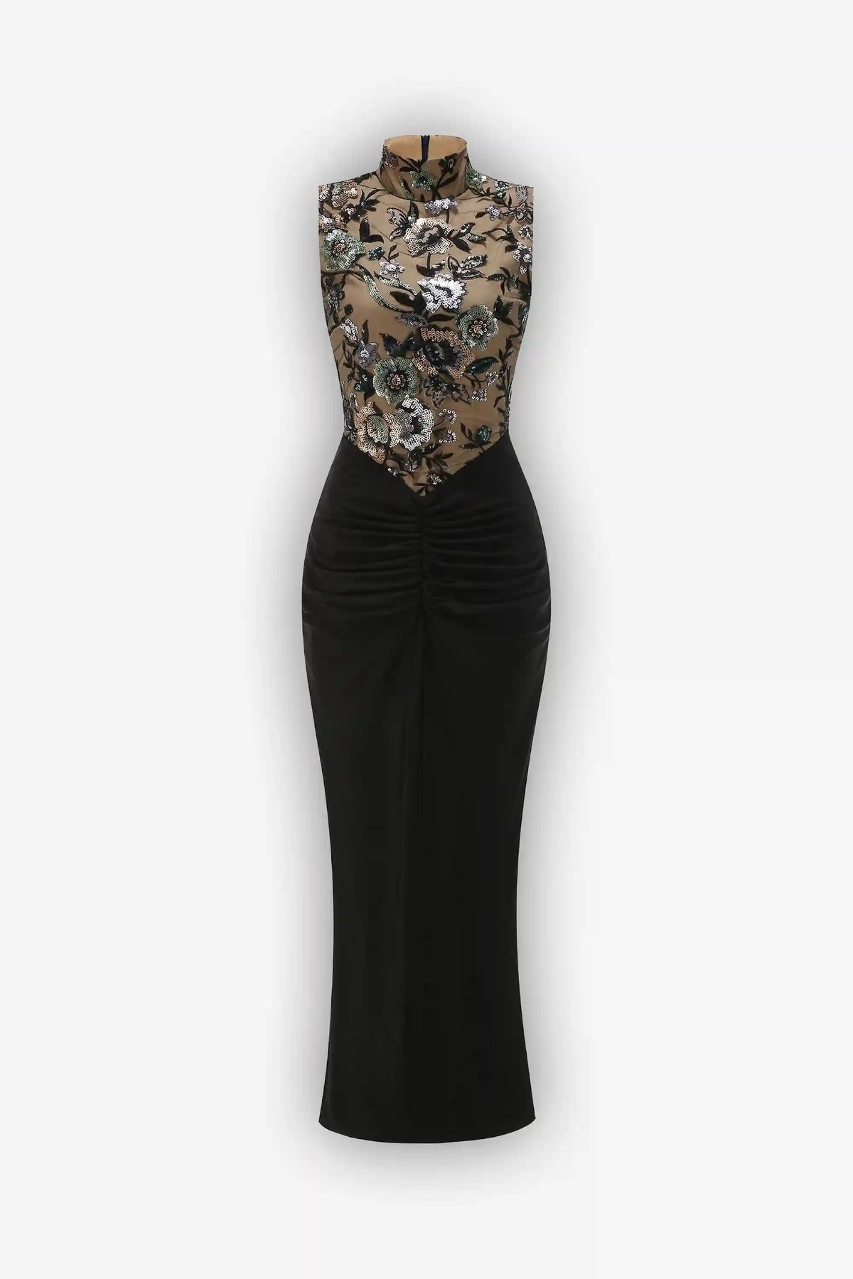 Black High Neck Floral Sequin Maxi Dress