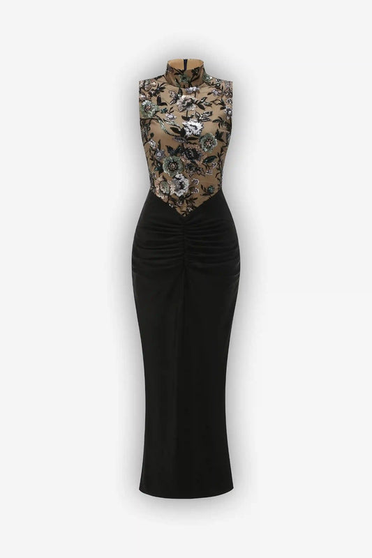 Black High Neck Floral Sequin Maxi Dress