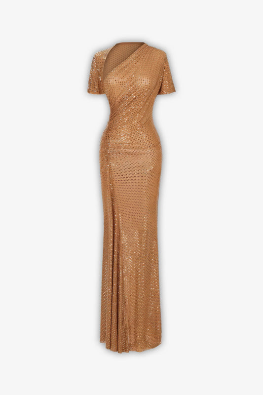 Gold Rhinestone Short Sleeve Mesh Maxi Dress Dress