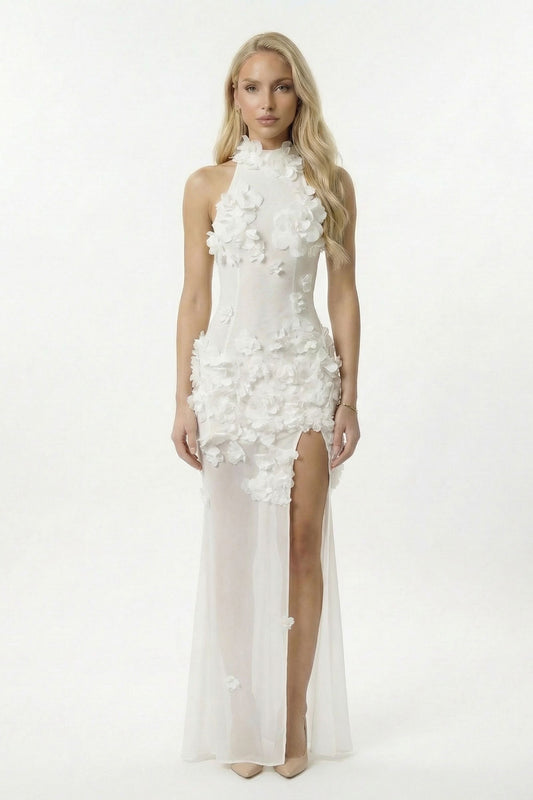 White Sheer 3D Floral Applique High Neck Mermaid Dress - Dress