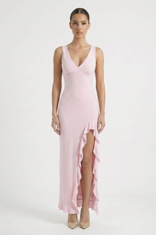 Pink V-neck Ruffle Slit Maxi Dress