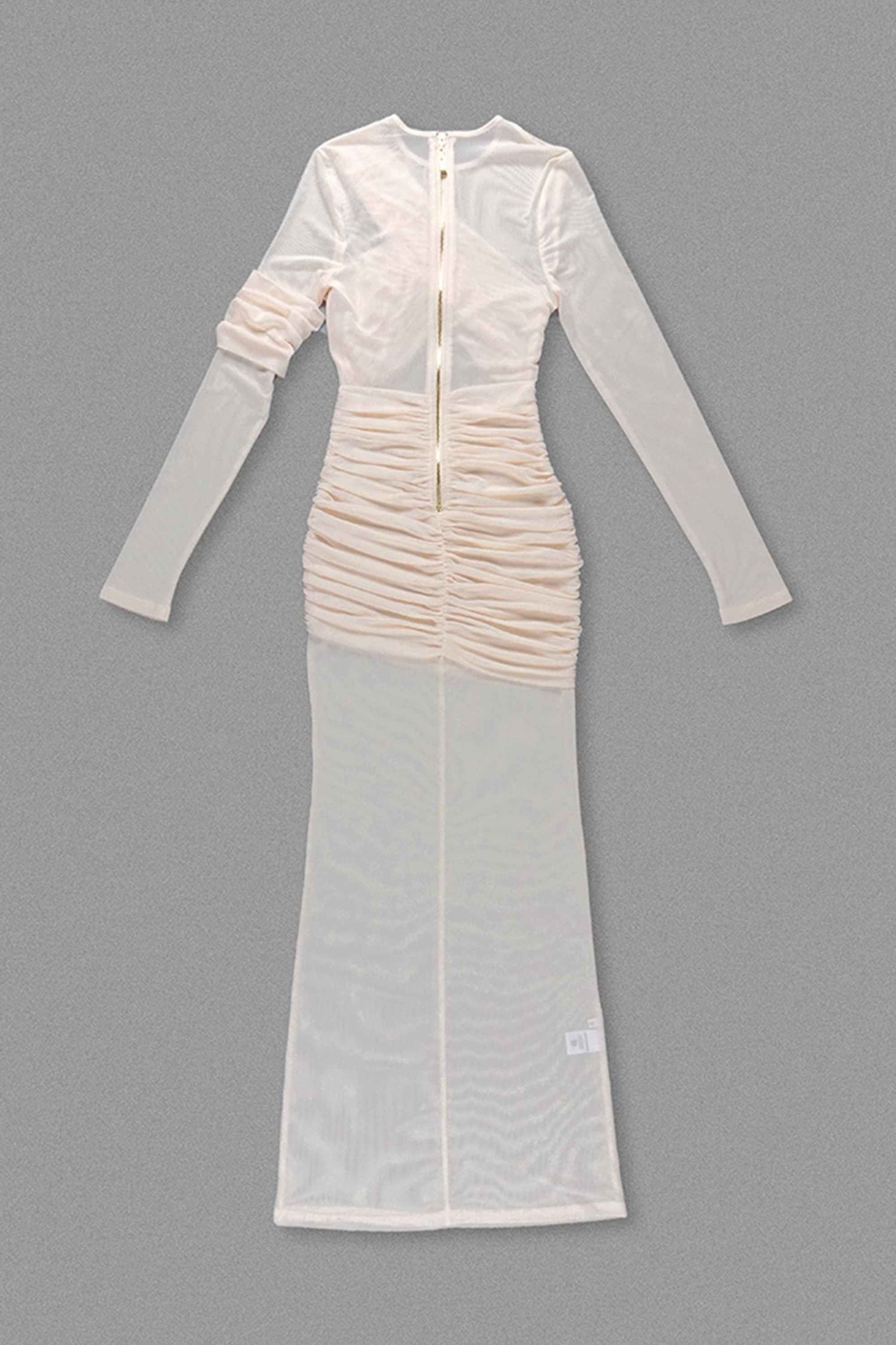 Ivory Sheer Mesh Ruched Long Sleeve Maxi Dress Dress