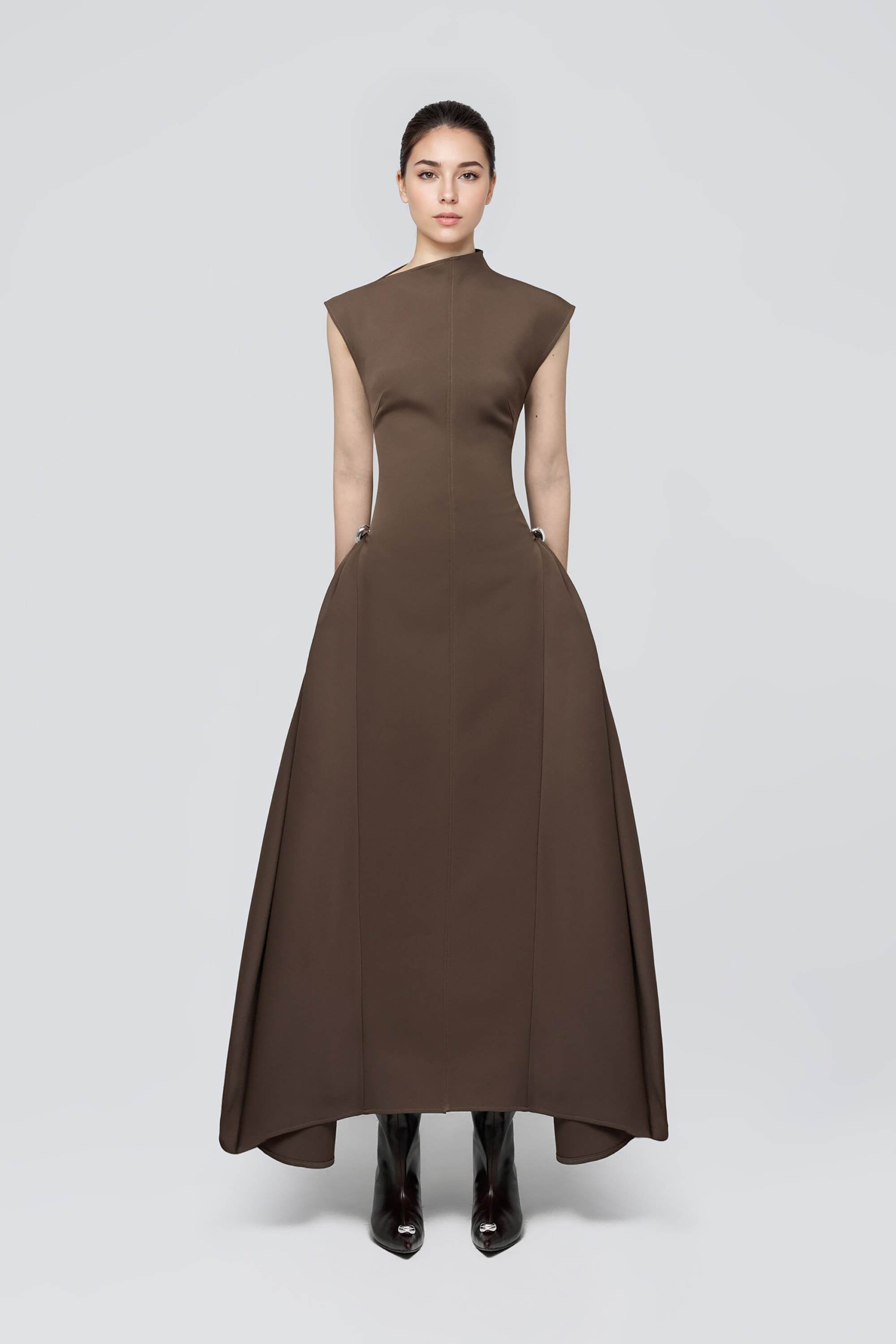Chocolate Brown Mock Neck A-line Maxi Dress Dress