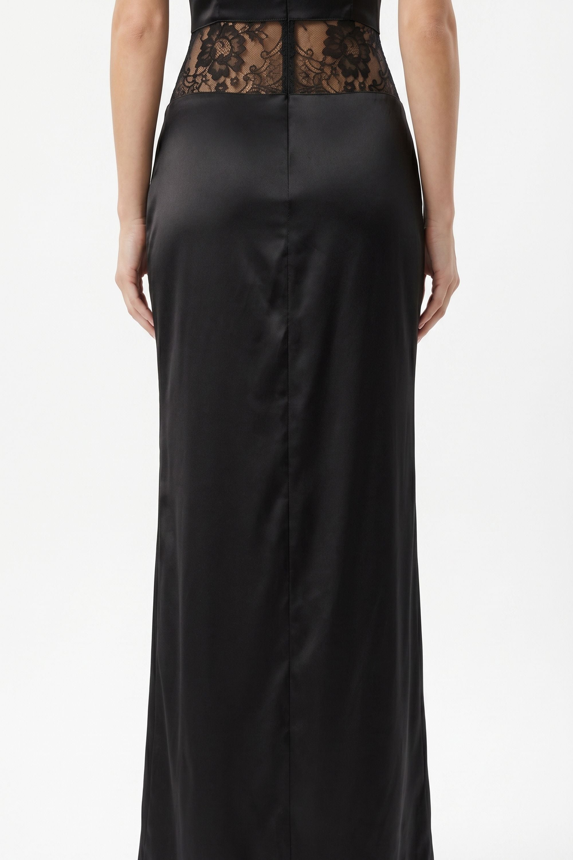 freddie black lace satin maxi corset dress Black Satin Lace Corset Maxi Dress Black / 8