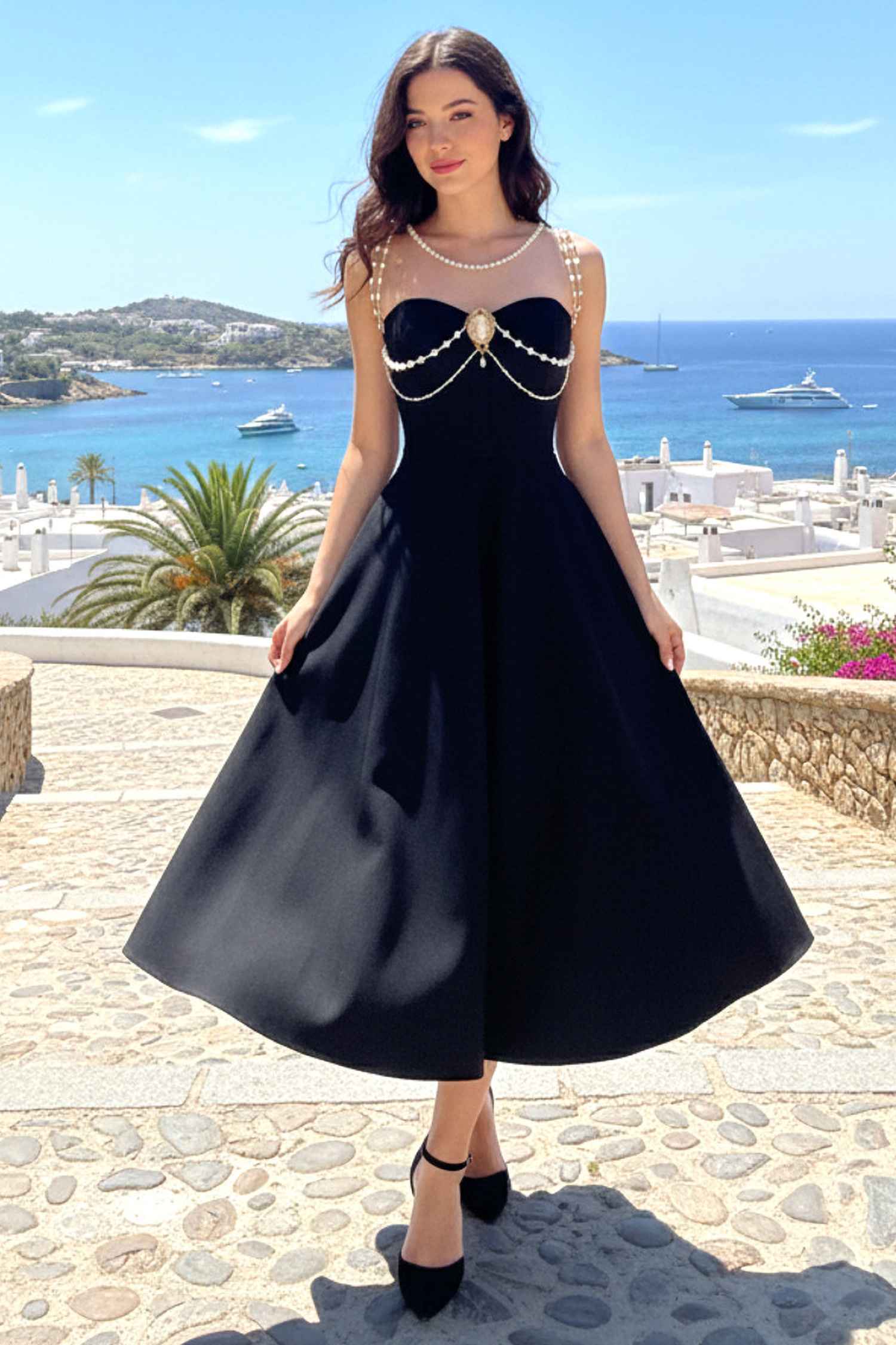 Black Pearl Chain A-Line Midi Dress Selene Dress Black Pearl Chain A-Line Midi Dress Selene Dress
