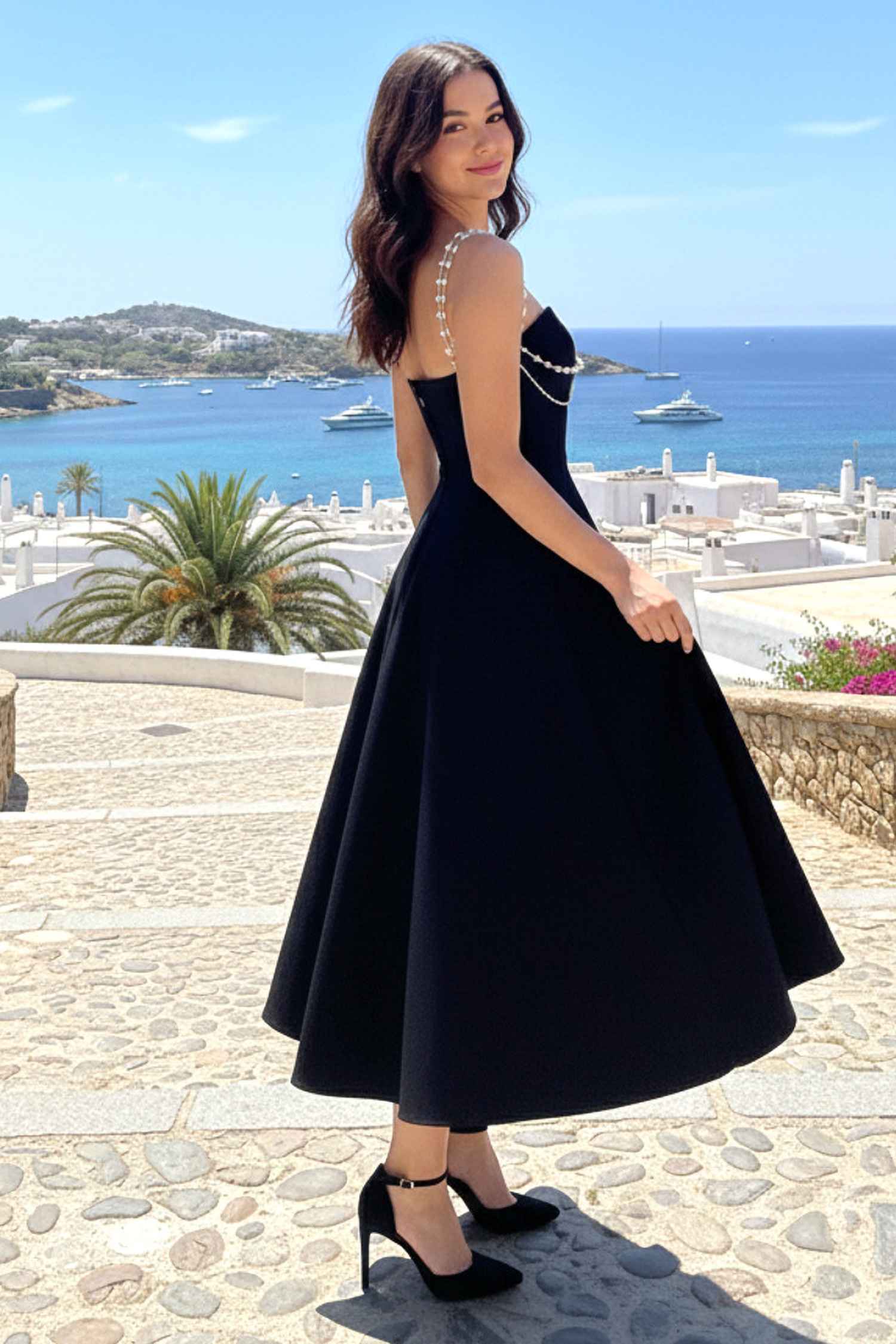 Black Pearl Chain A-Line Midi Dress Selene Dress Black Pearl Chain A-Line Midi Dress Selene Dress