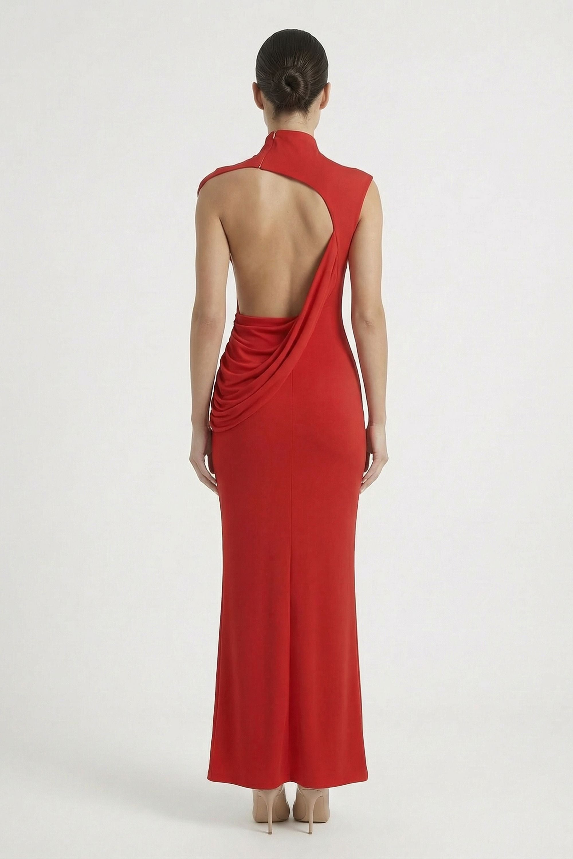 Red High Neck Open Back Draped Maxi Dress - Dress