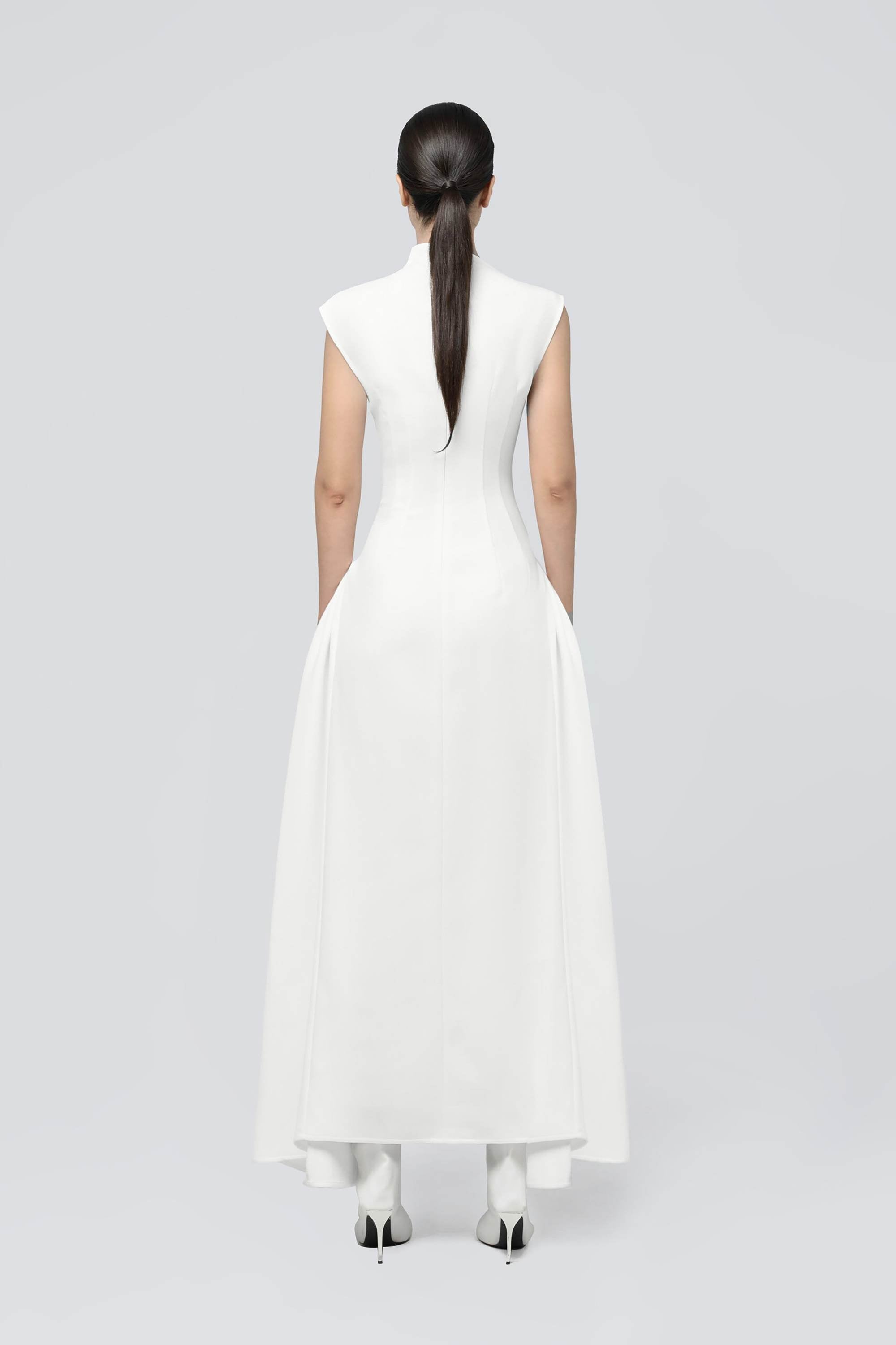 White Asymmetrical Mock Neck Skater Dress Dress