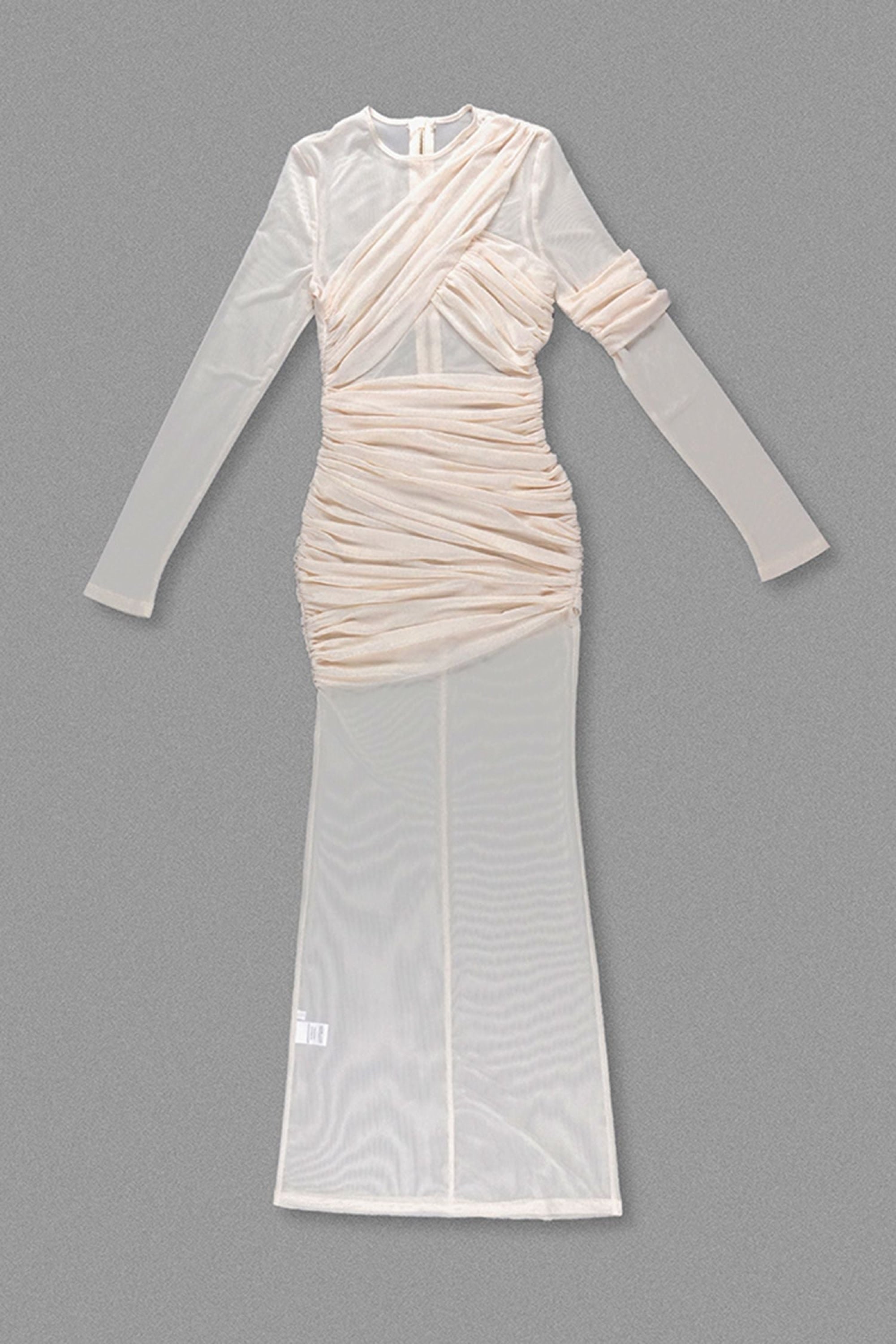 Ivory Sheer Mesh Ruched Long Sleeve Maxi Dress Dress