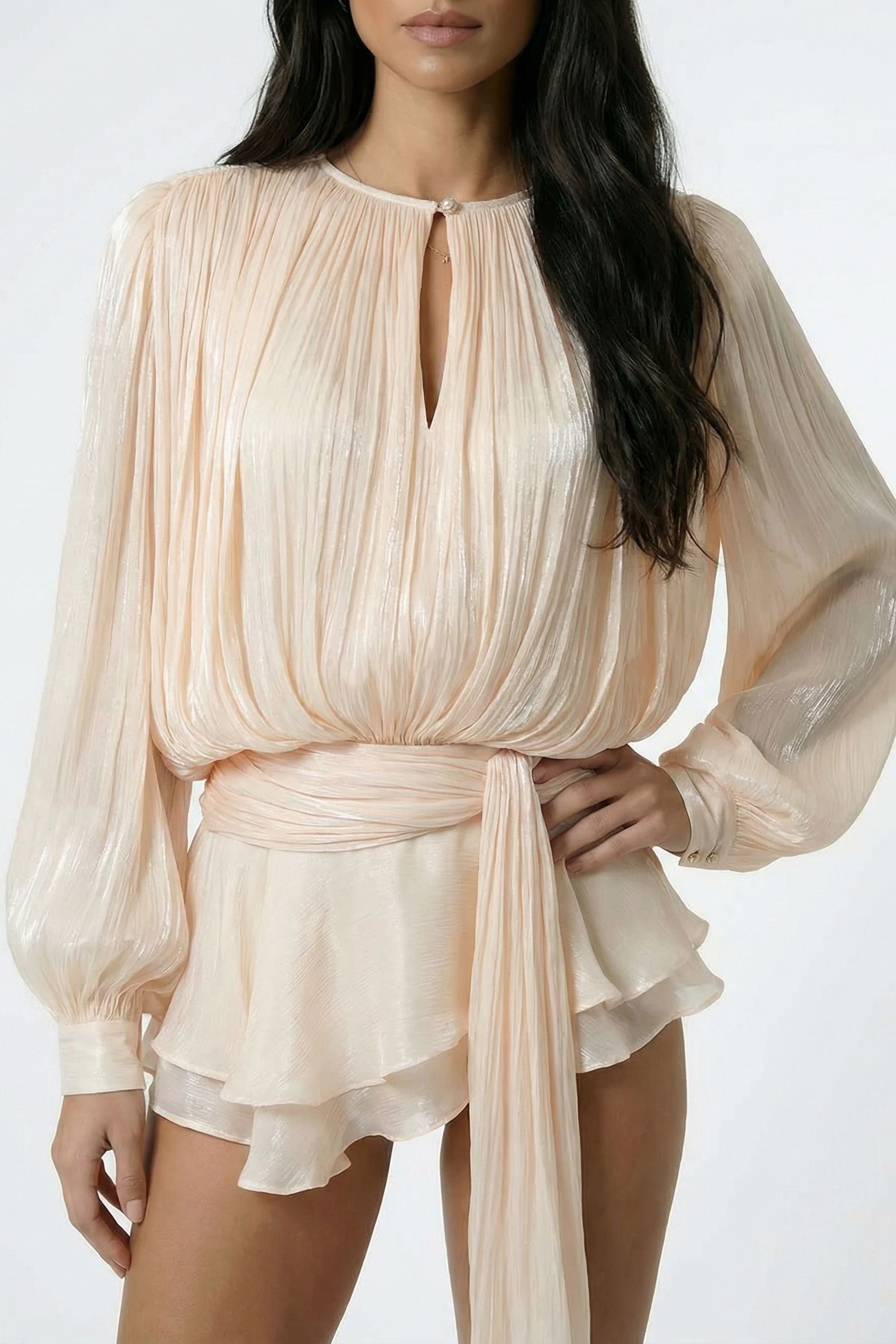 Champagne Long Puffed Sleeve Ruffle Mini Dress - Dress