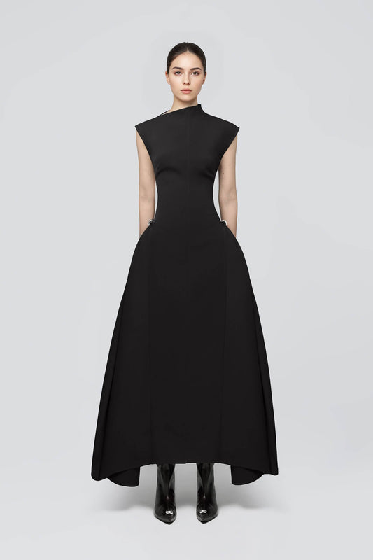 Black Asymmetrical Mock Neck Plitted A-line Maxi Dress Dress