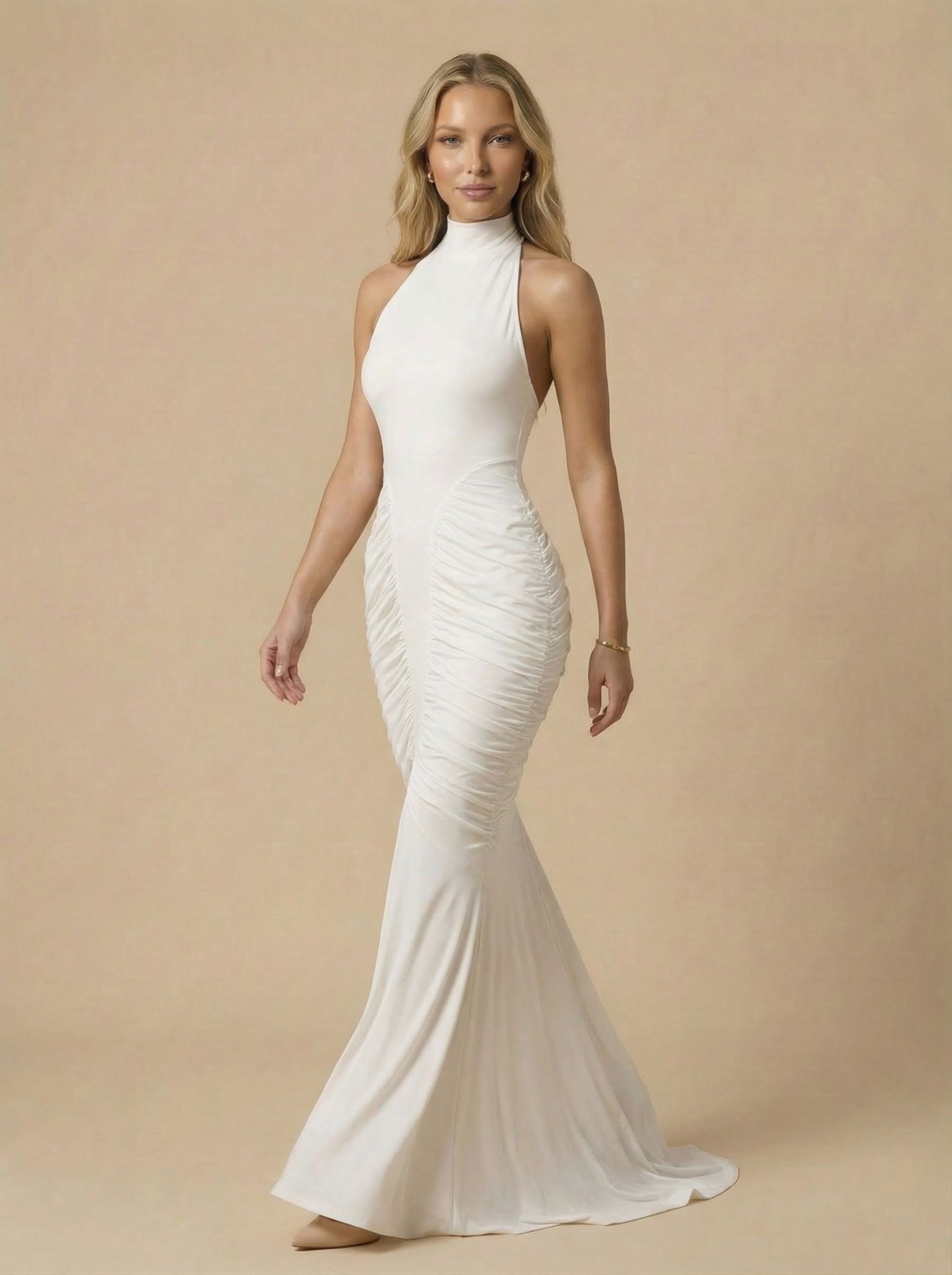 White Ruched Halter Backless Mermaid Maxi Dress Dress