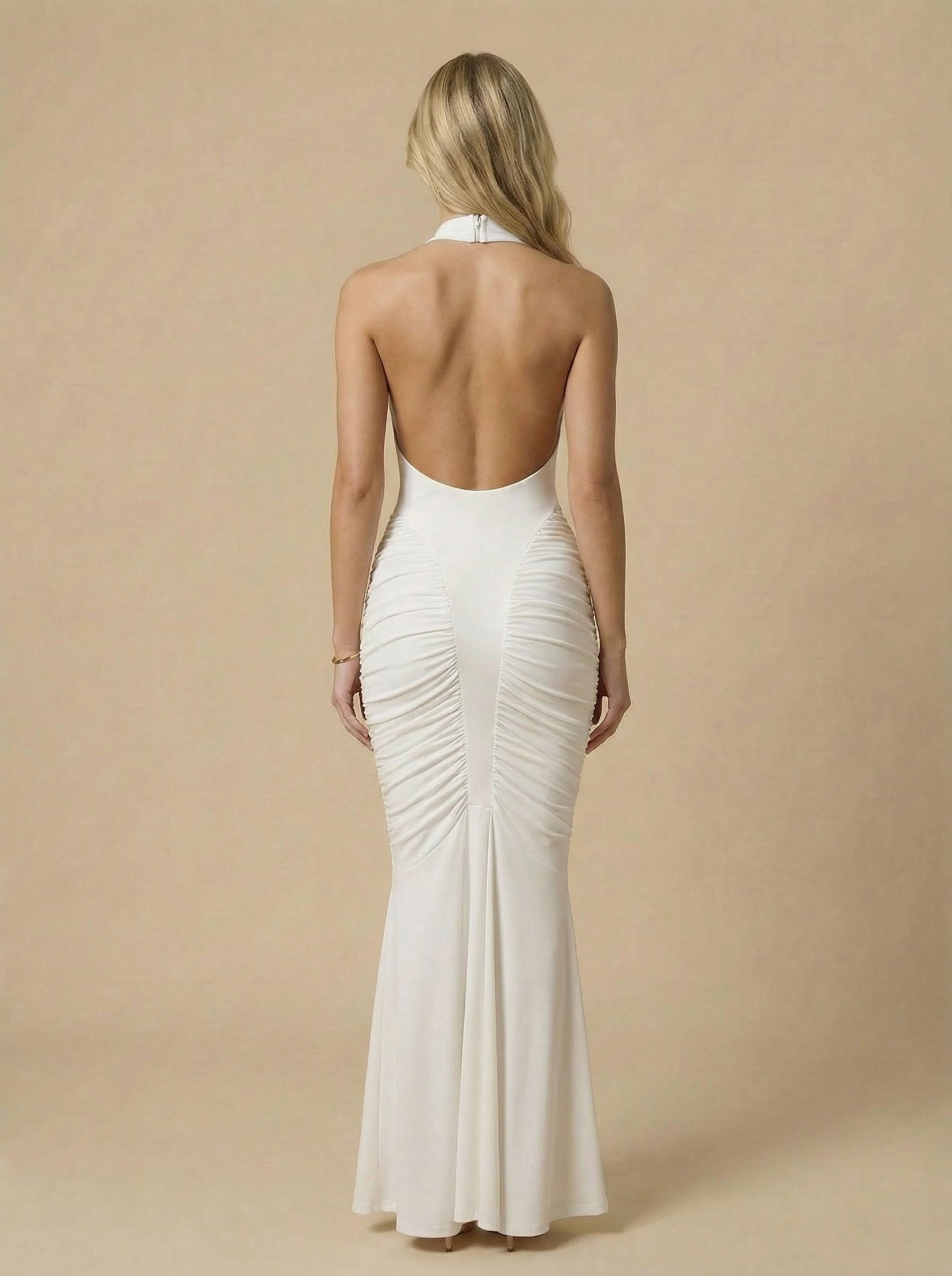 White Ruched Halter Backless Mermaid Maxi Dress Dress