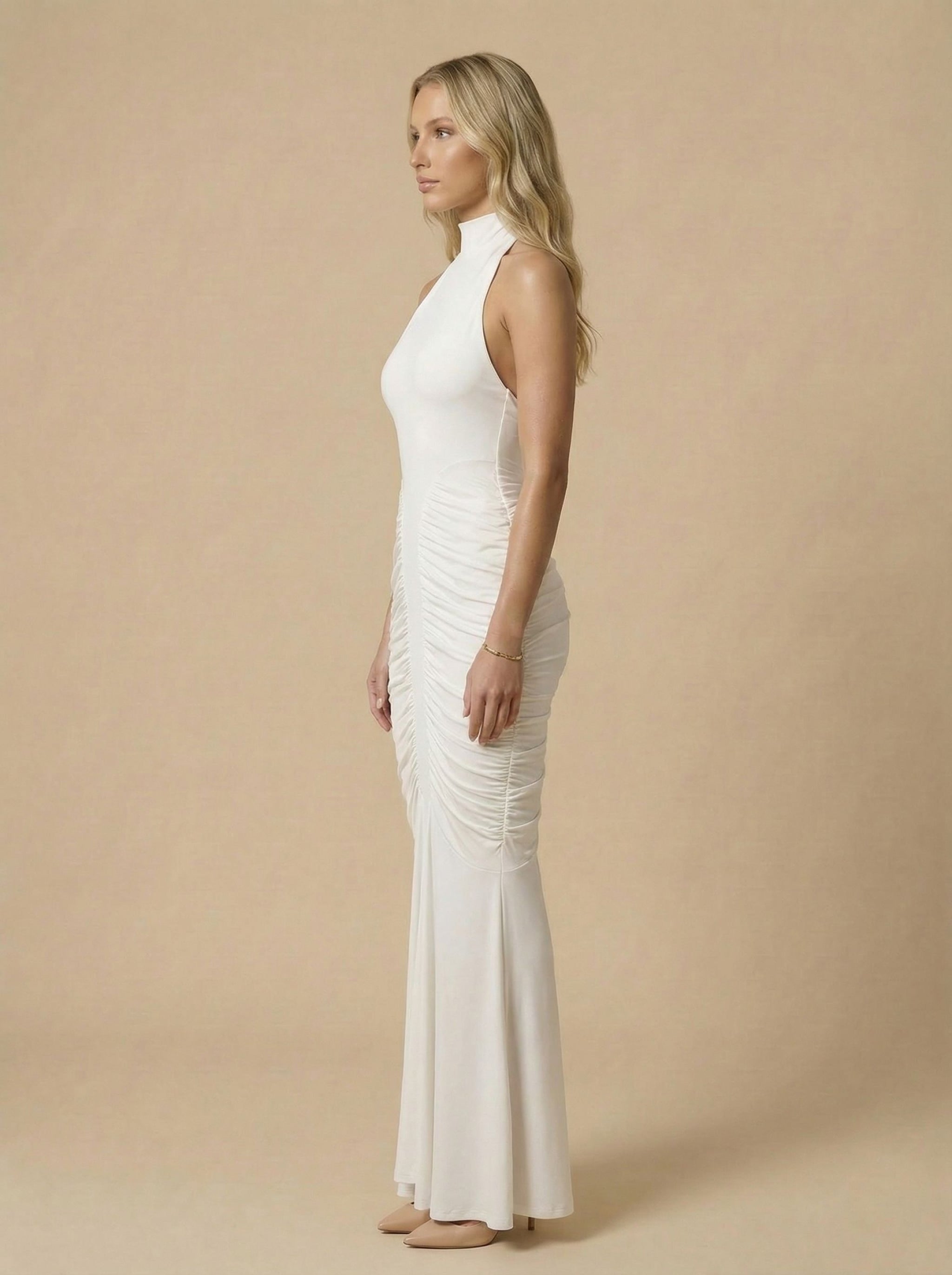 White Ruched Halter Backless Mermaid Maxi Dress Dress