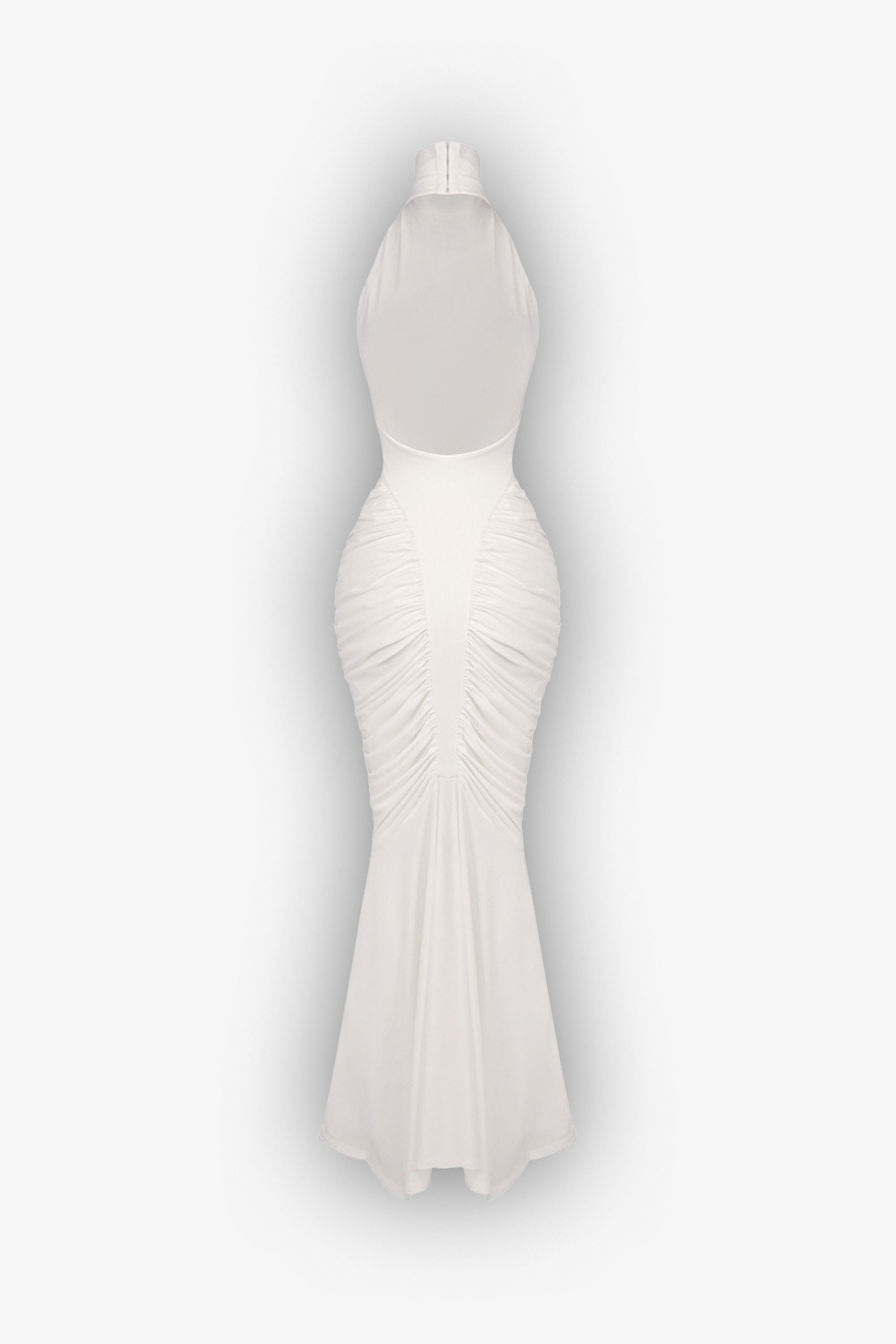 White Ruched Halter Backless Mermaid Maxi Dress Dress