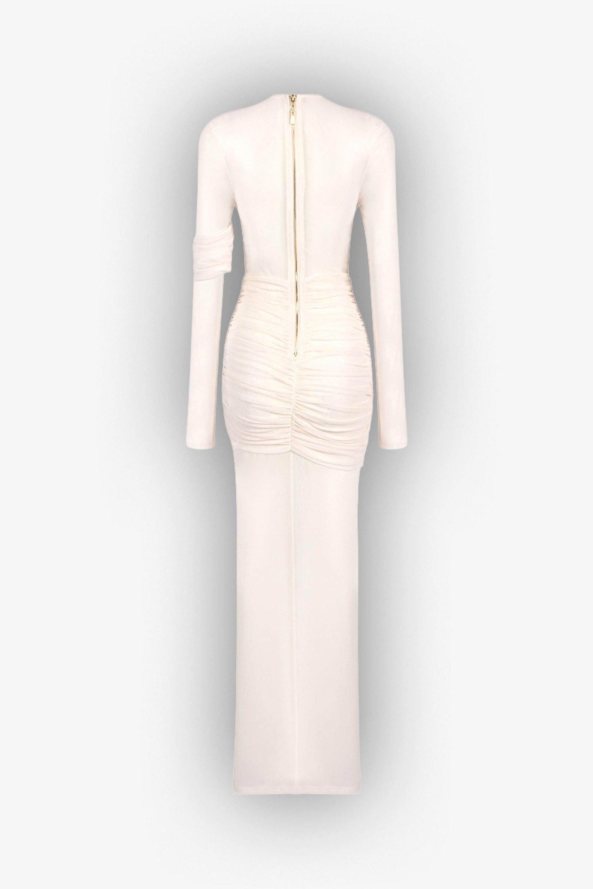 Ivory Sheer Mesh Ruched Long Sleeve Maxi Dress Dress