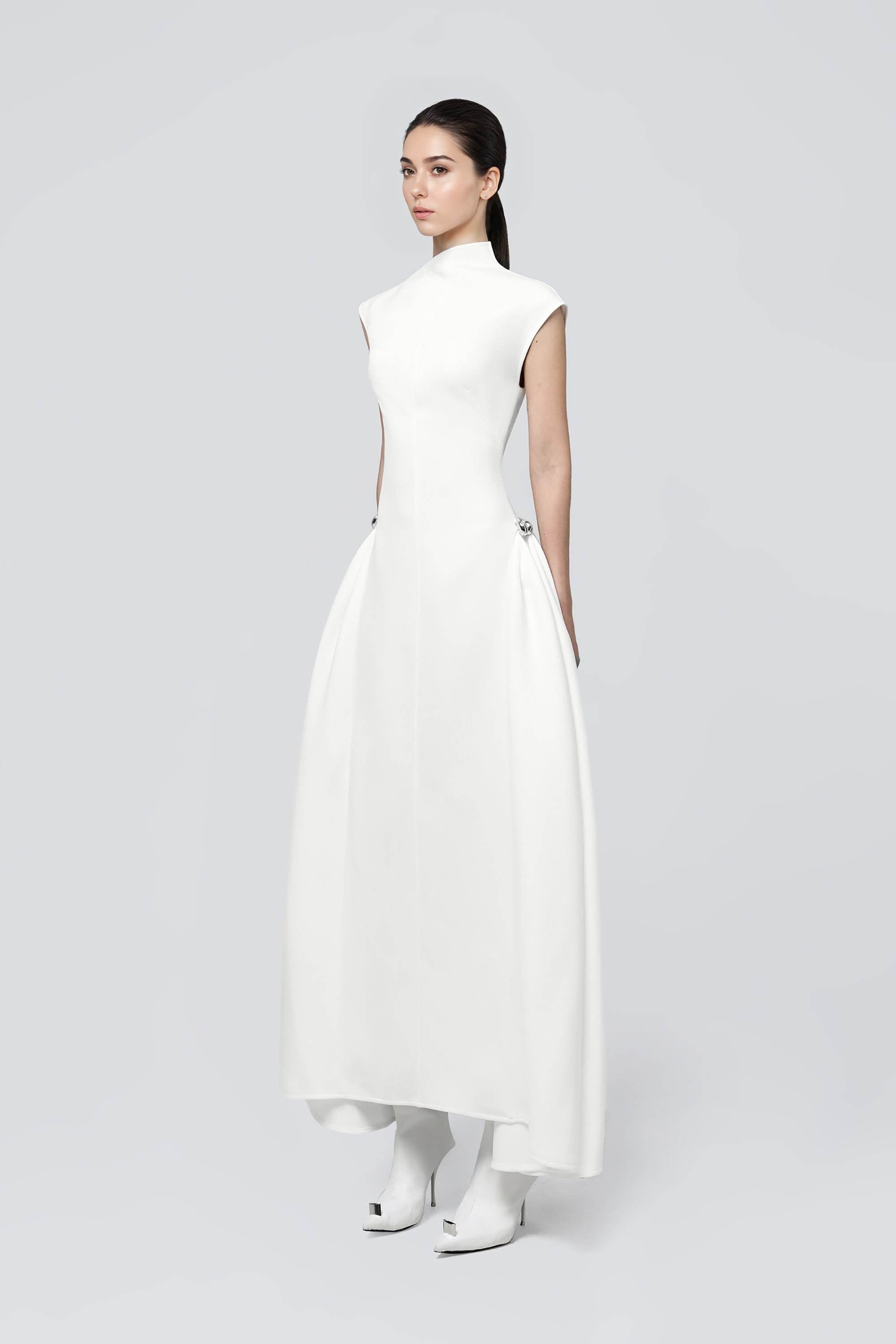 White Asymmetrical Mock Neck Skater Dress Dress