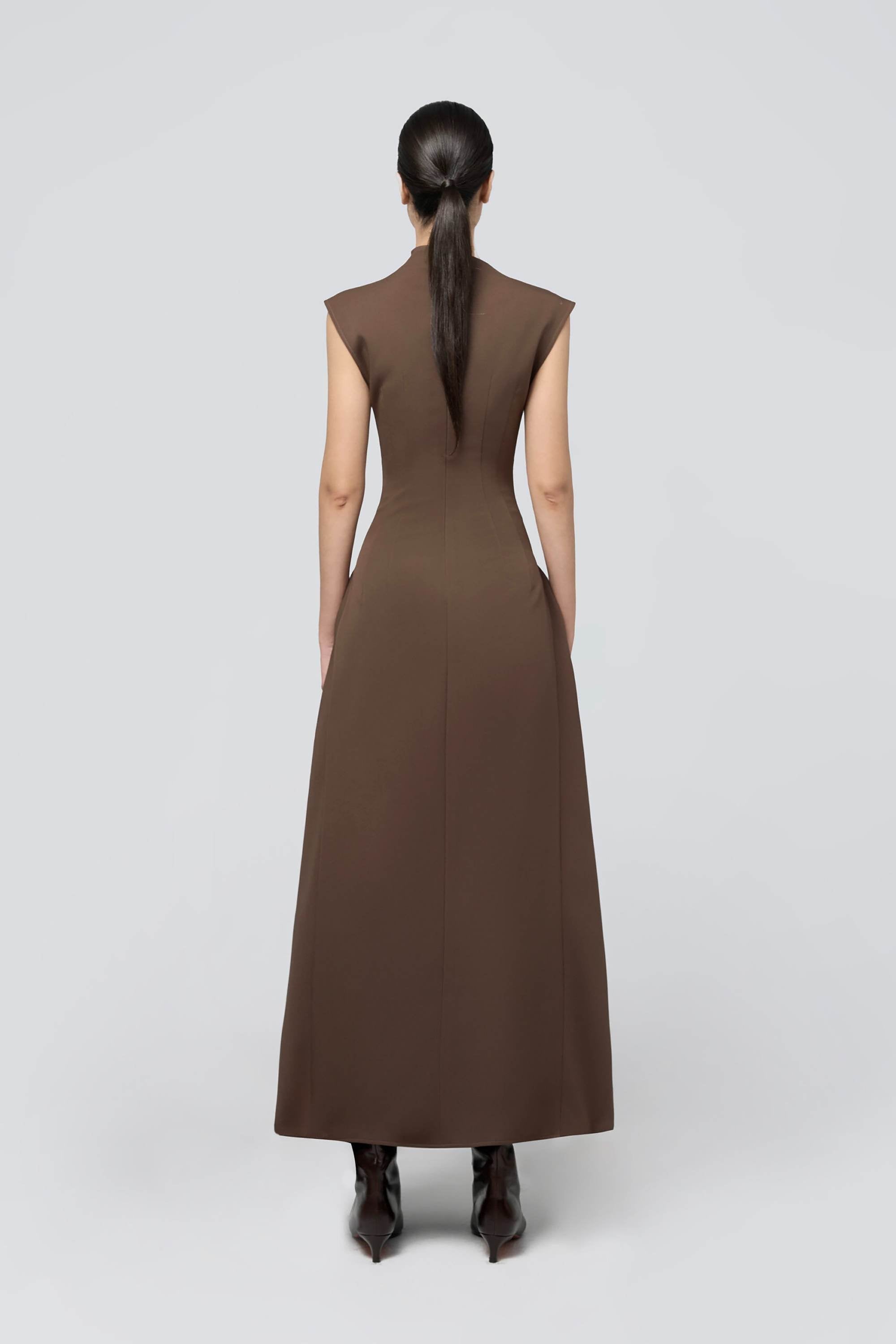 Chocolate Brown Mock Neck A-line Maxi Dress Dress