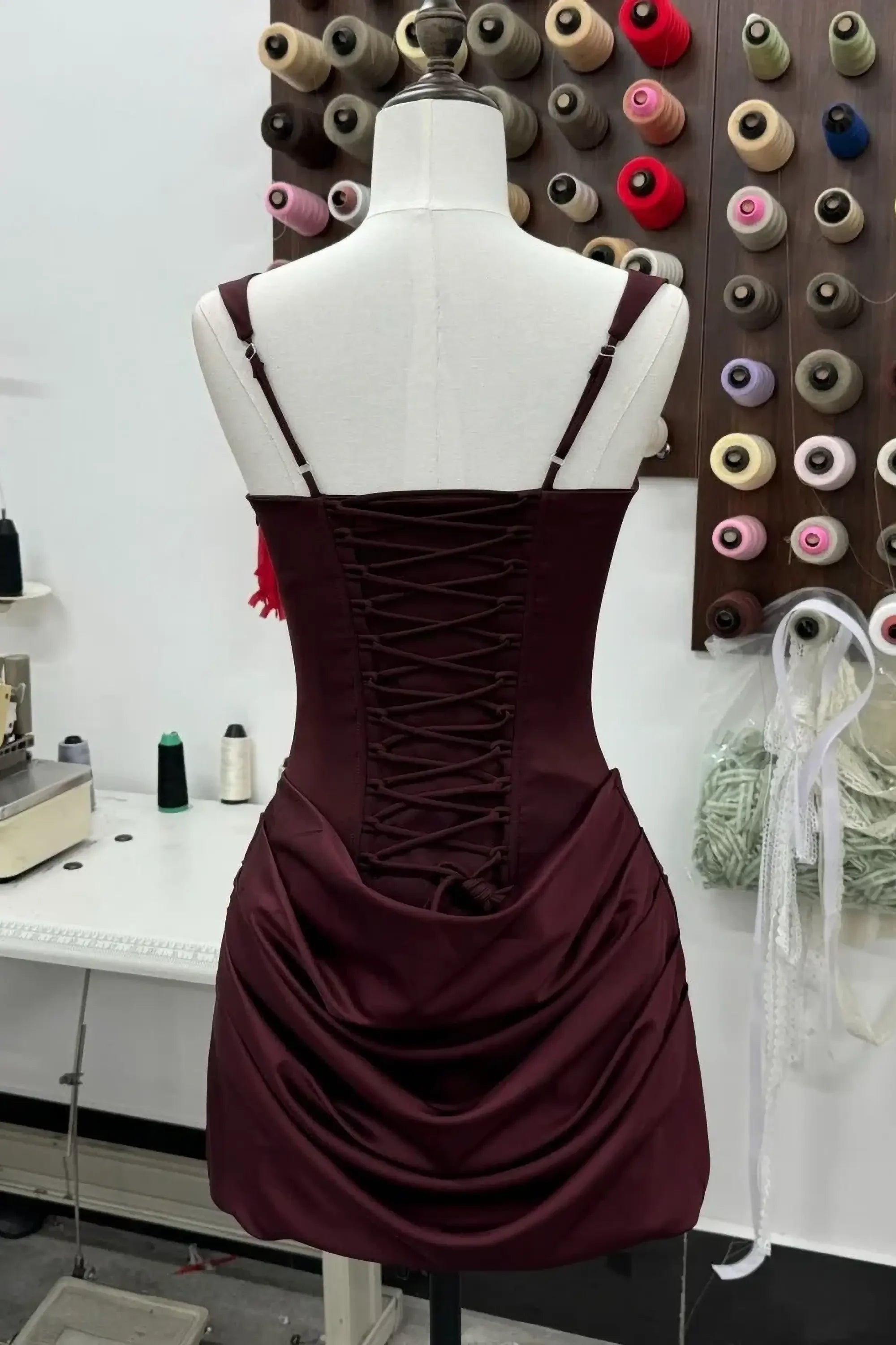 Burgundy Satin Corset Mini Dress With Lace Up Back Dress