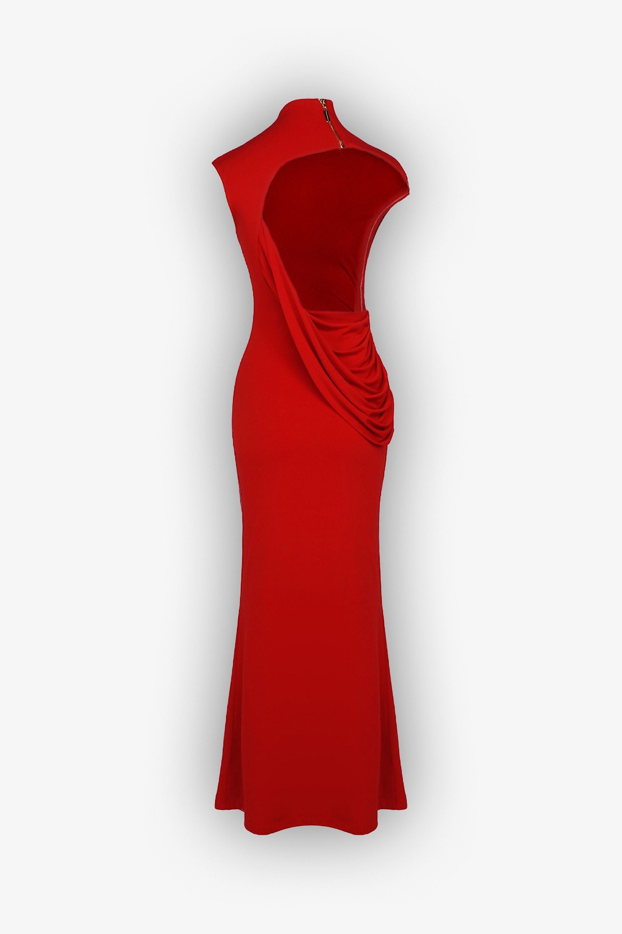 Red High Neck Open Back Draped Maxi Dress - Dress