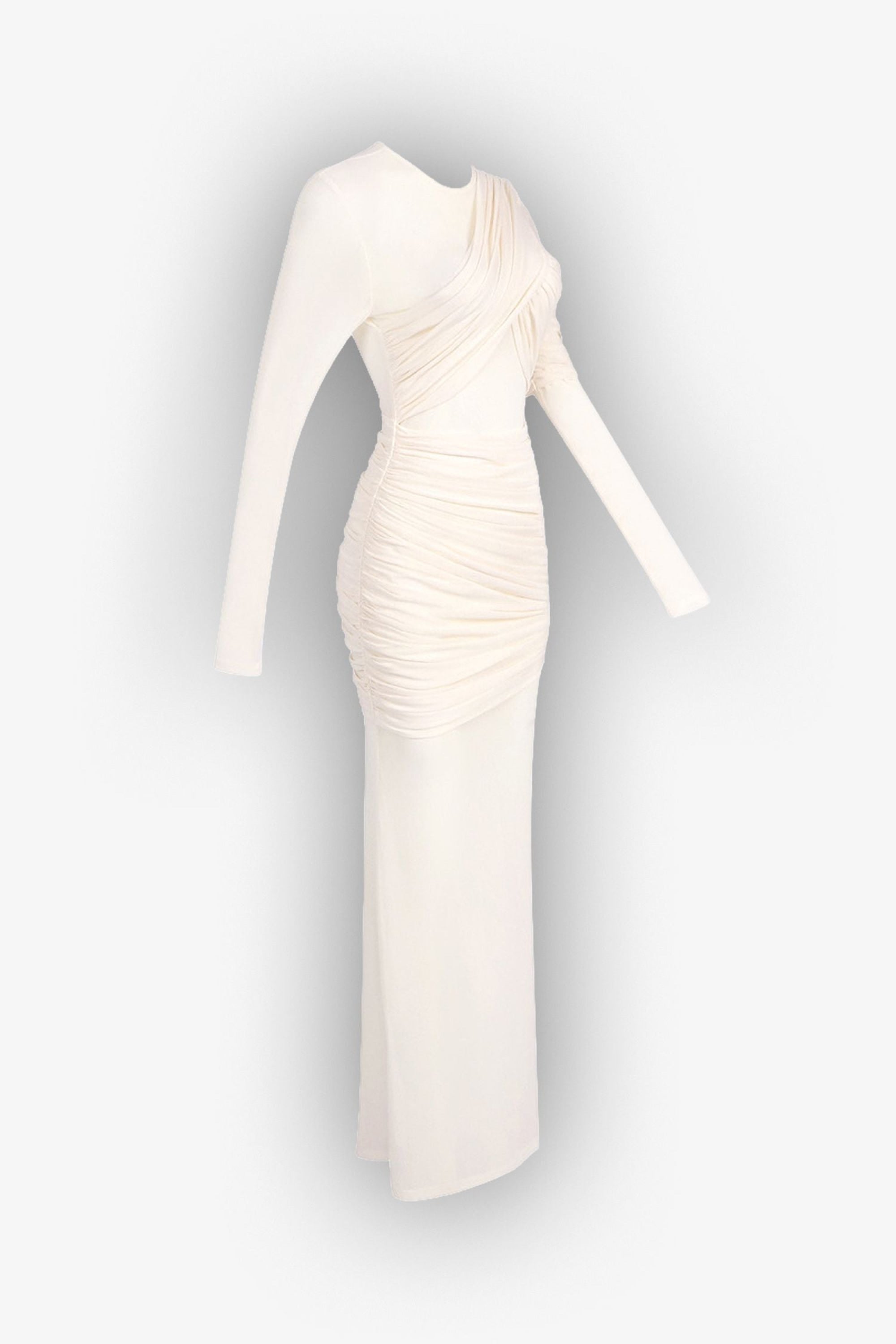 Ivory Sheer Mesh Ruched Long Sleeve Maxi Dress Dress