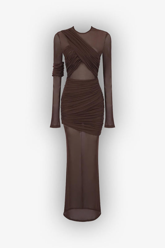 Chocolate Brown Ruched Bodycon Long Sleeve Maxi Dress Dress