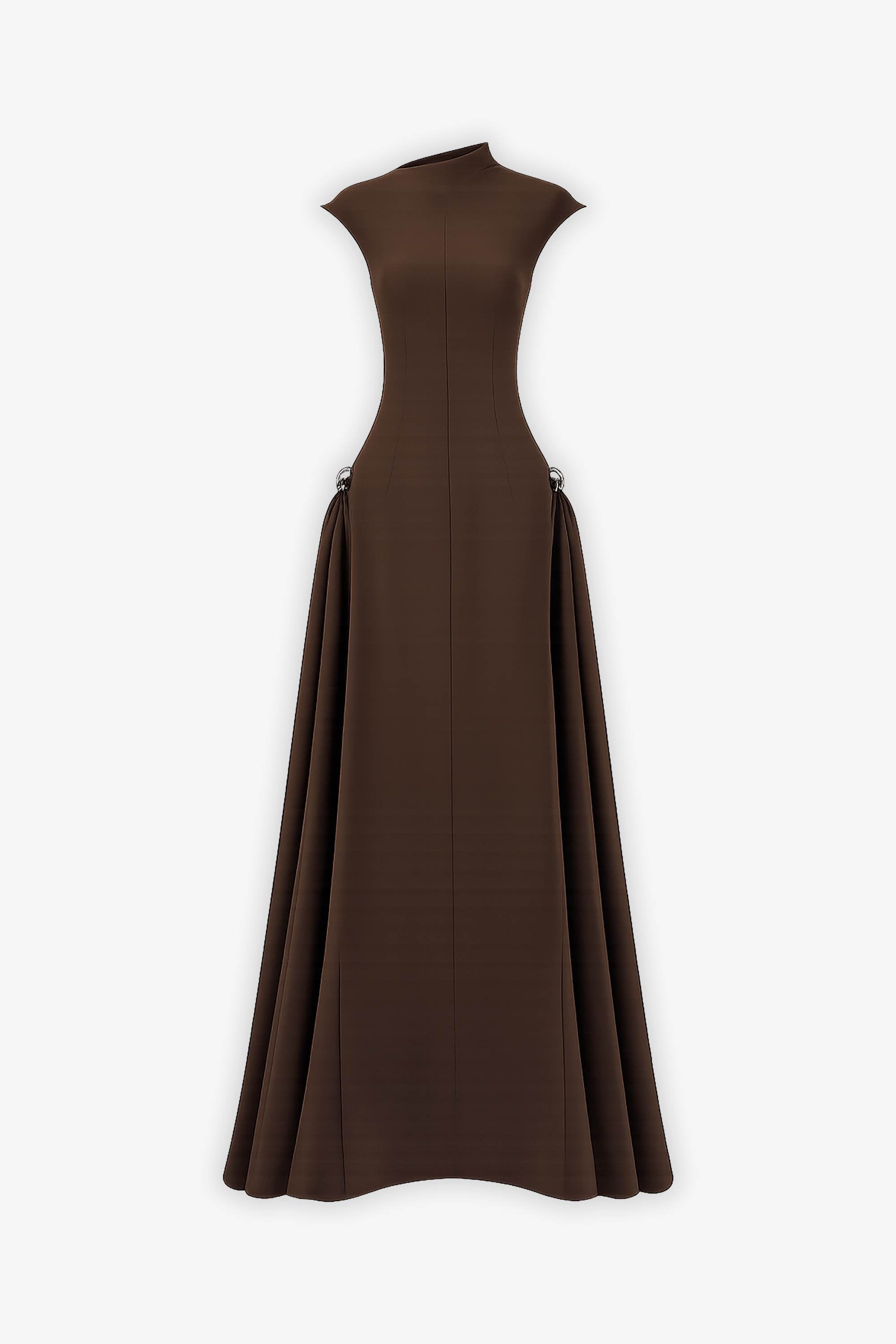 Chocolate Brown Mock Neck A-line Maxi Dress Dress