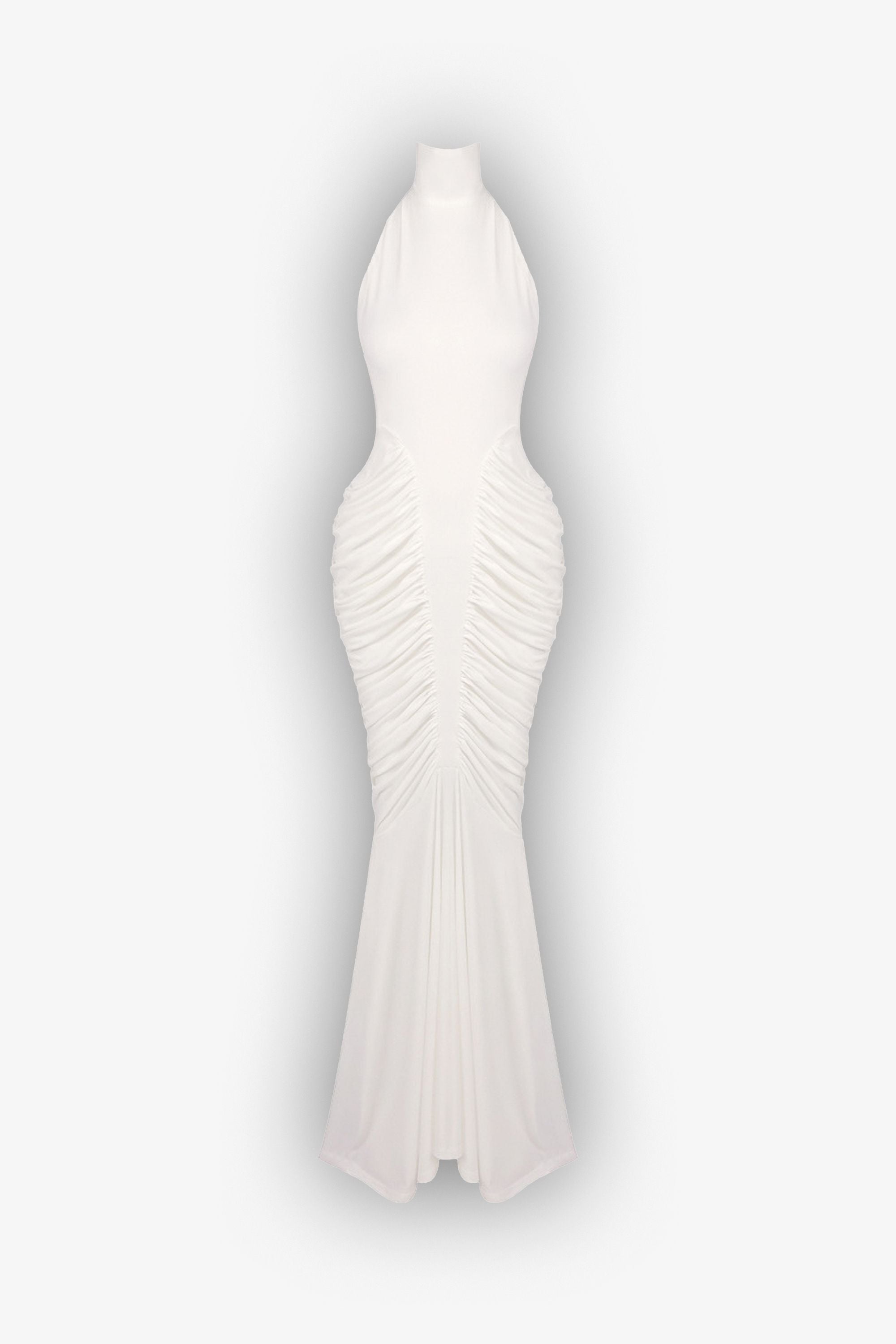 White Ruched Halter Backless Mermaid Maxi Dress Dress