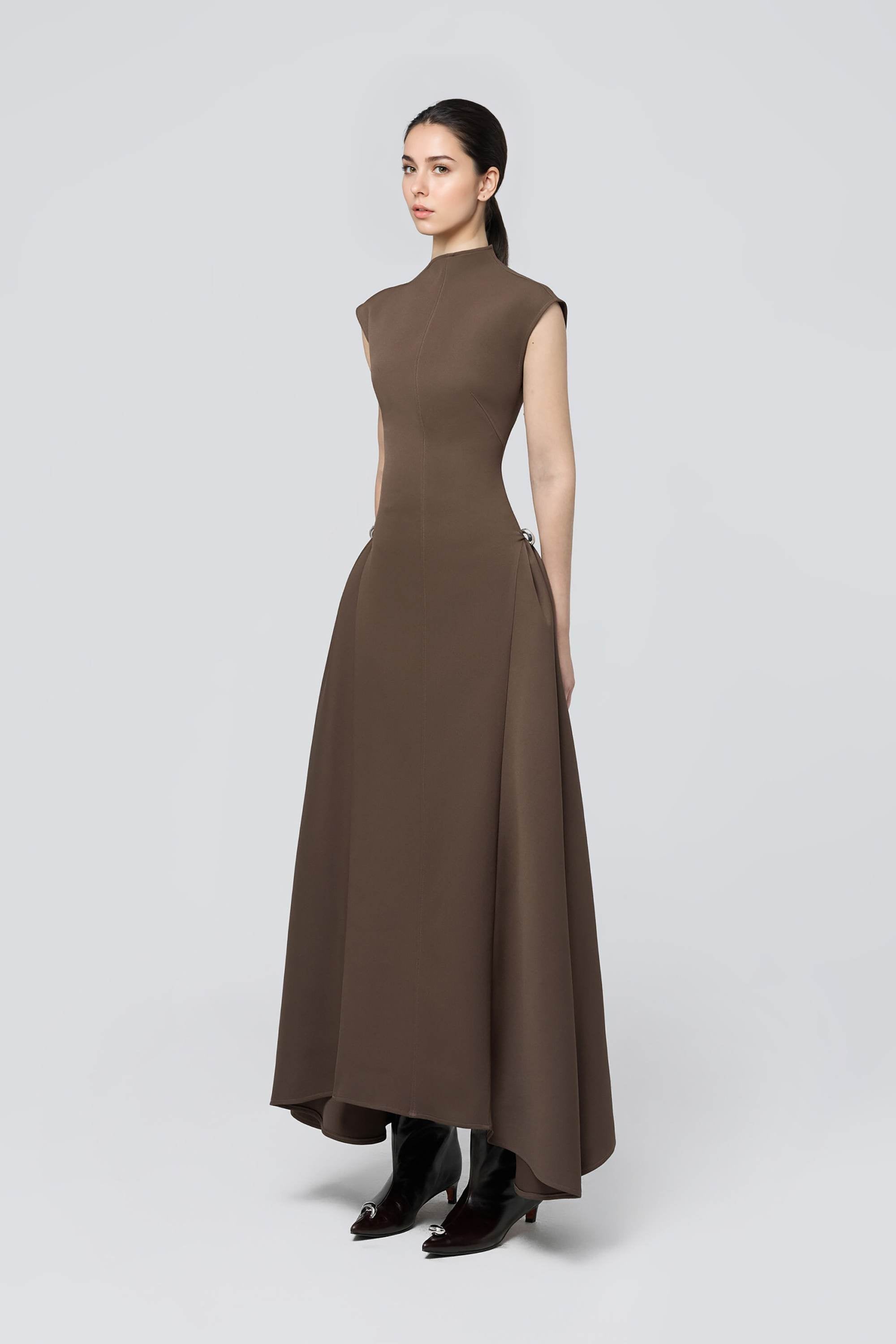 Chocolate Brown Mock Neck A-line Maxi Dress Dress