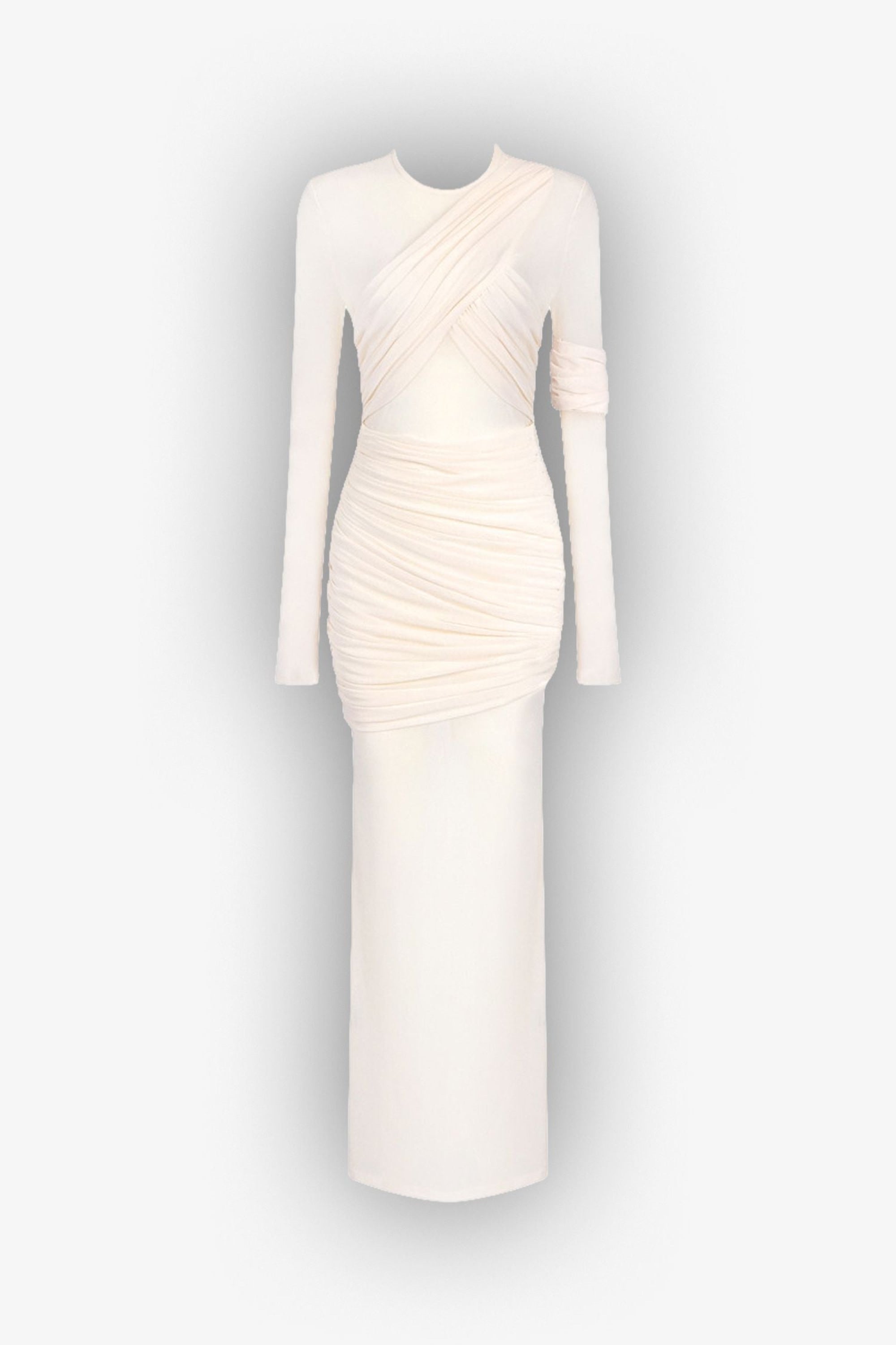 Ivory Sheer Mesh Ruched Long Sleeve Maxi Dress Dress