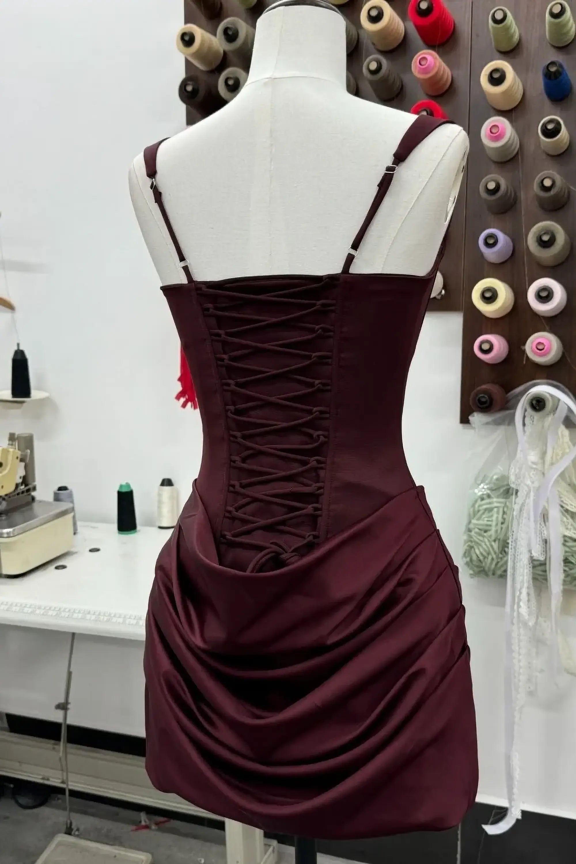 Burgundy Satin Corset Mini Dress With Lace Up Back Dress