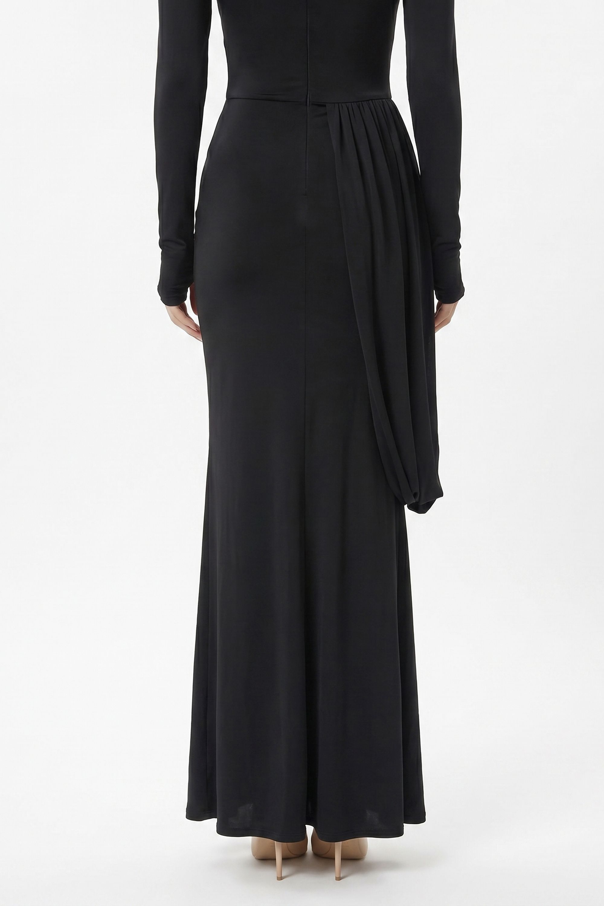 Black Draped Knot Long Sleeve Maxi Dress Black / 2 Black Draped Knot Long Sleeve Maxi Dress Black / 2