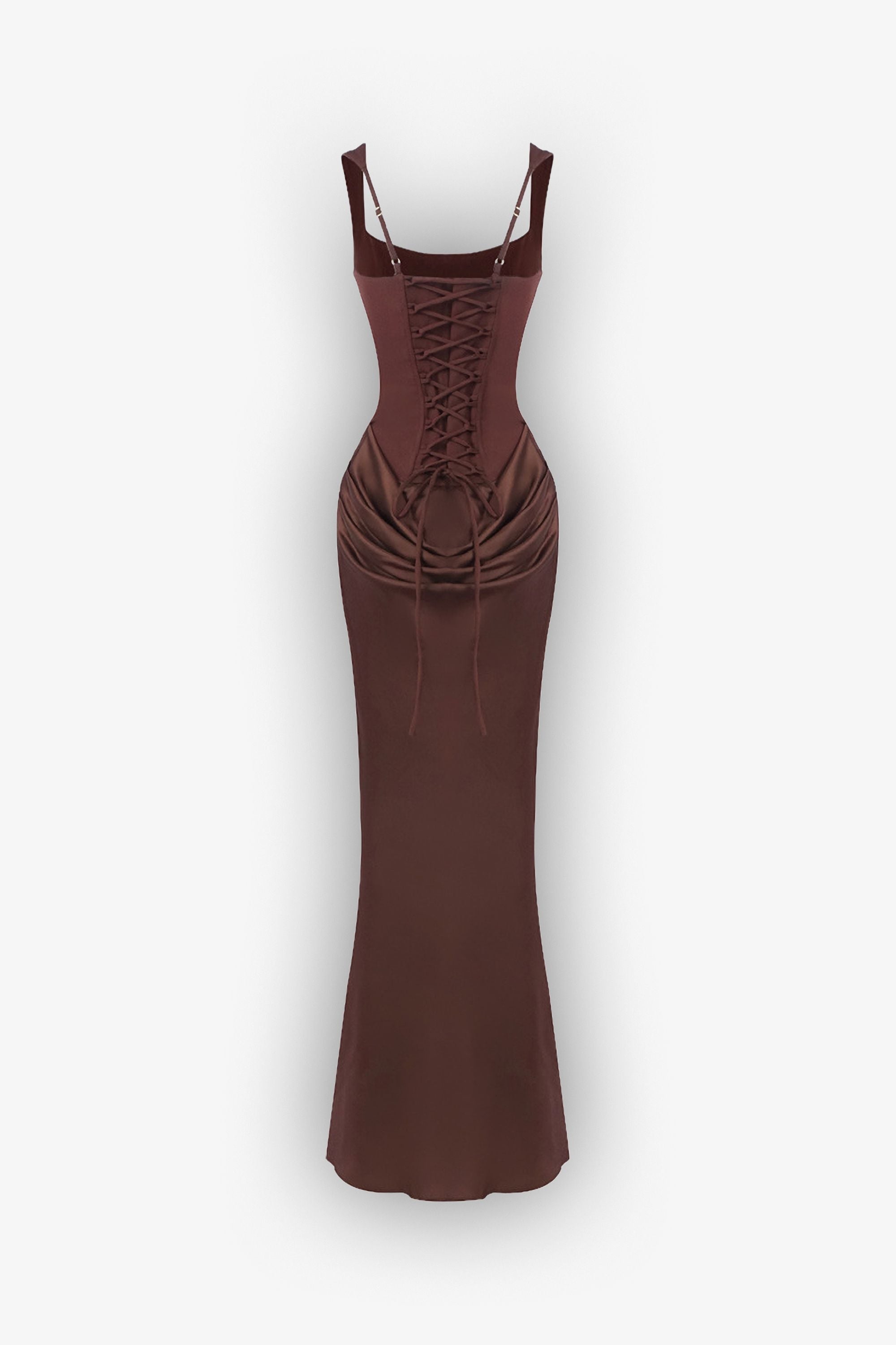 Brown Draped Satin Bustier Maxi Dress - Dress