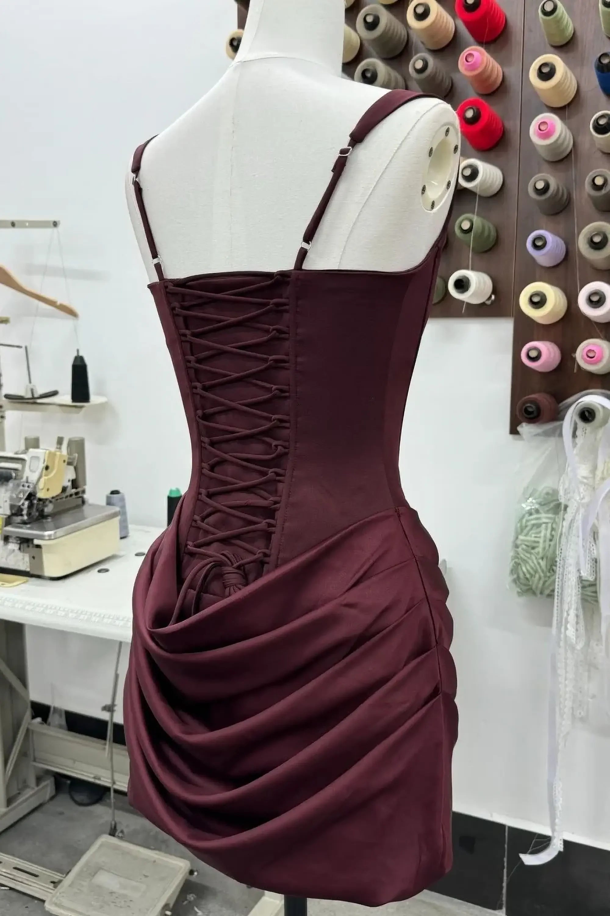 Burgundy Satin Corset Mini Dress With Lace Up Back Dress