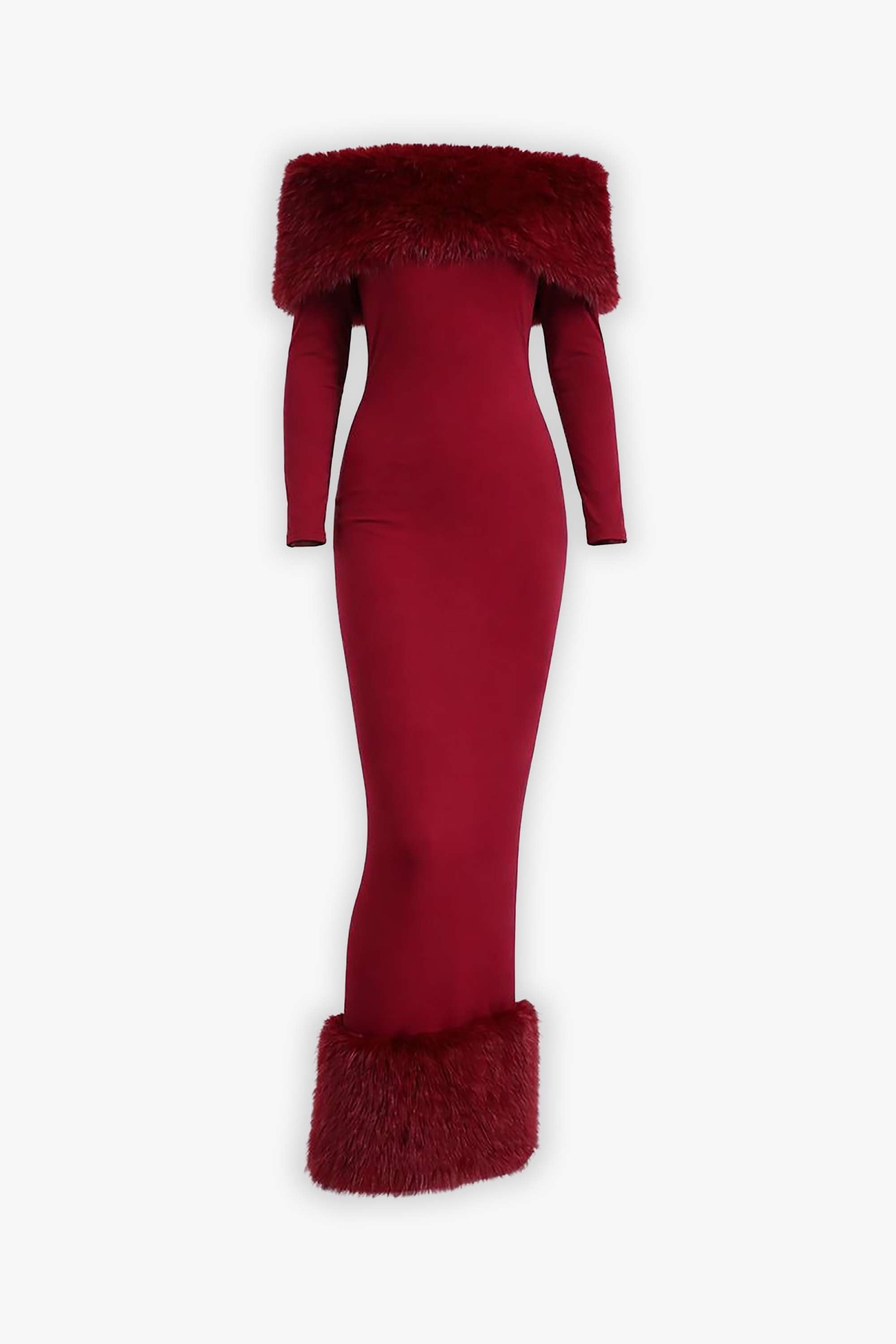 Burgundy Off The Shoulder Faux Fur Trim Midi Dress Dress