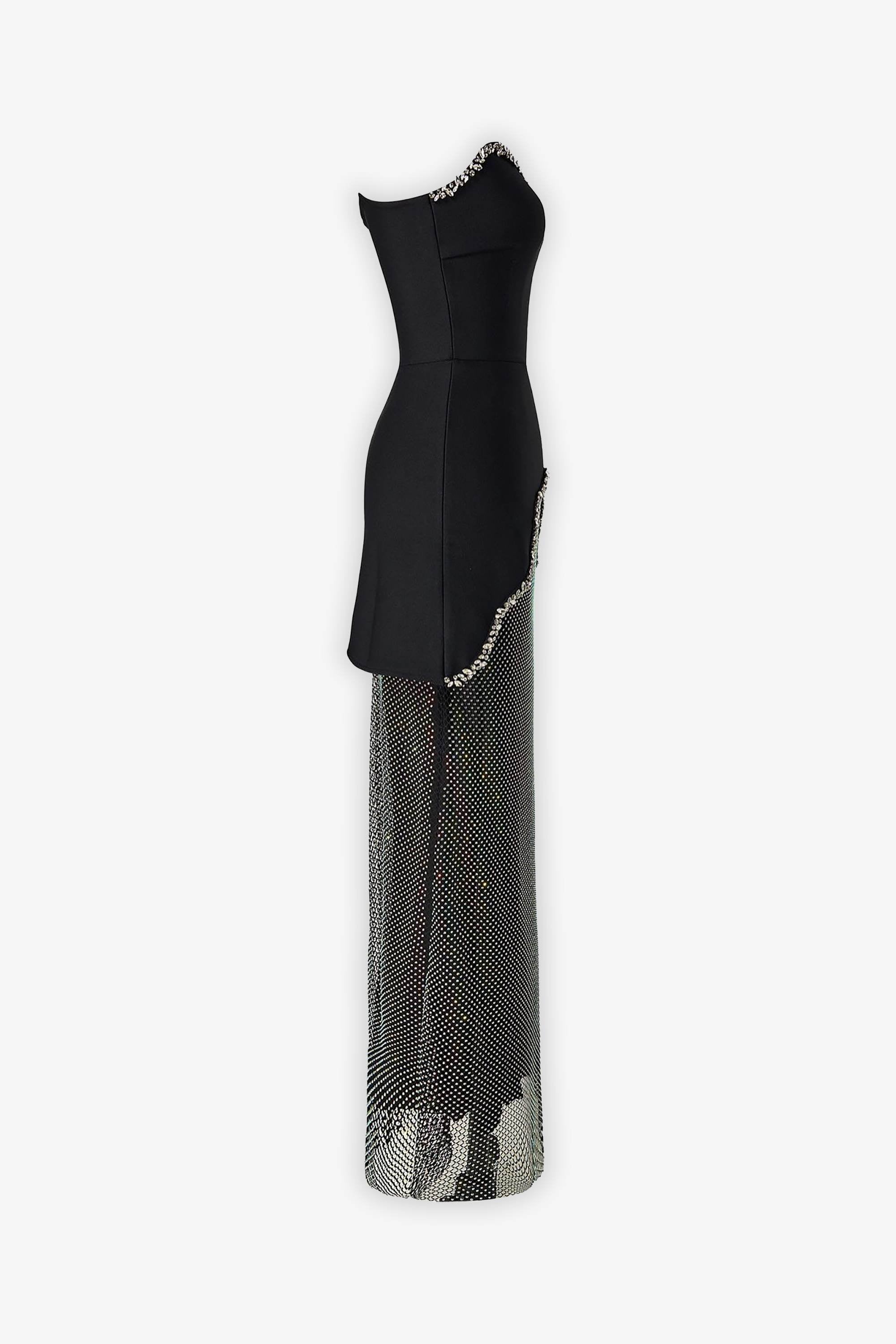Black Strapless Two-Piece Rhinestone Mesh Maxi Dress Black / 8