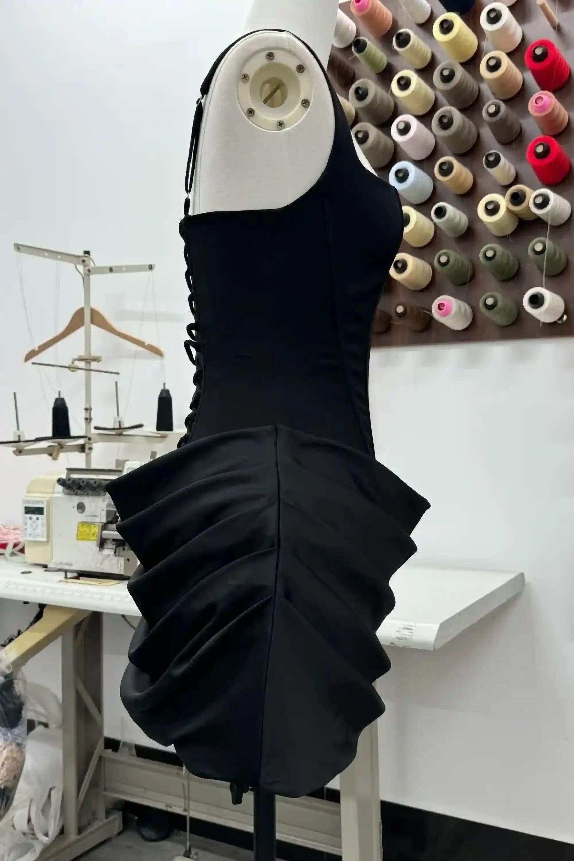 Black Satin Lace-Up Corset Mini Dress with Square Neck Dress