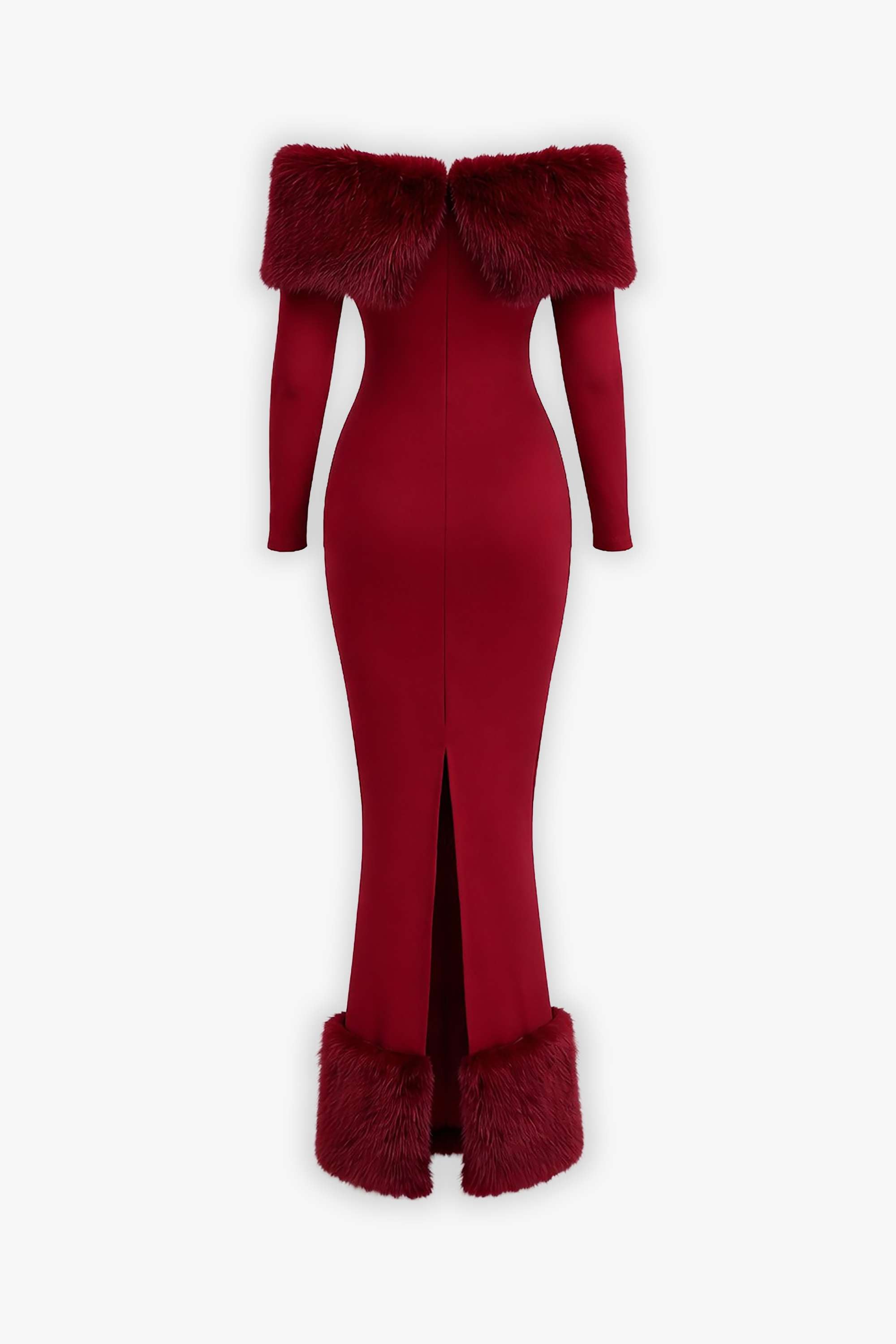 Burgundy Off The Shoulder Faux Fur Trim Midi Dress Dress