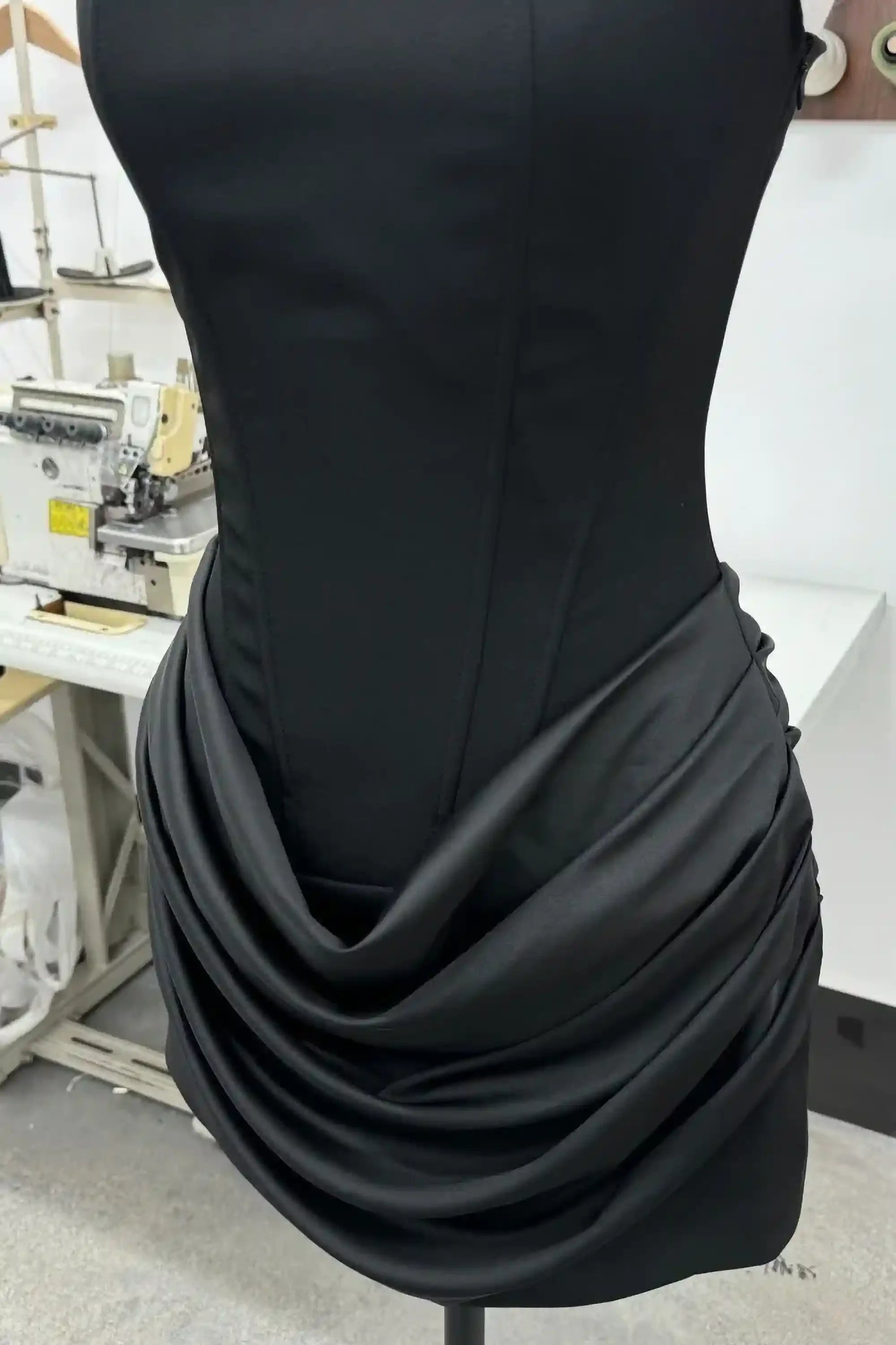 Black Satin Lace-Up Corset Mini Dress with Square Neck Dress