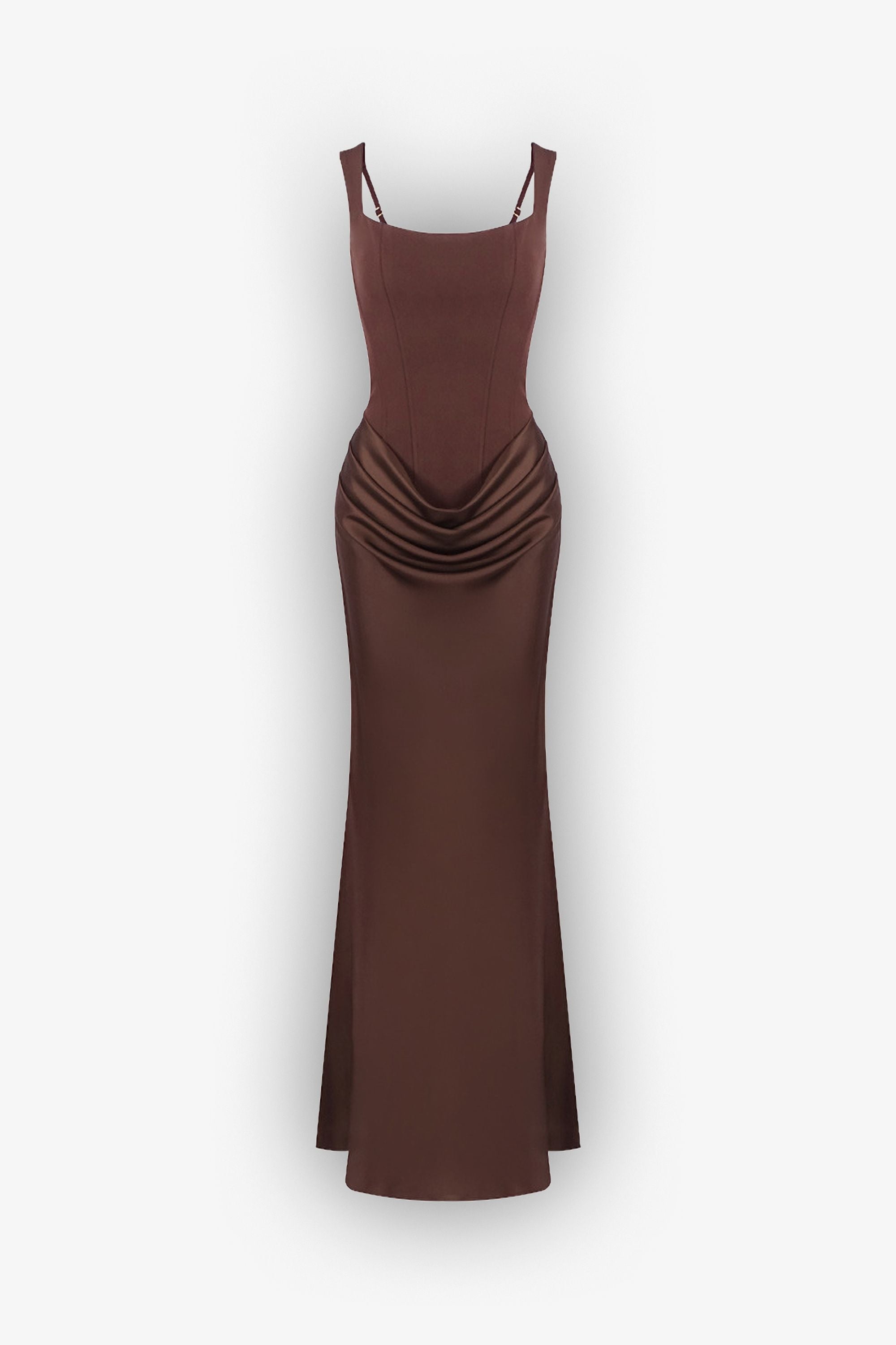 Brown Draped Satin Bustier Maxi Dress - Dress