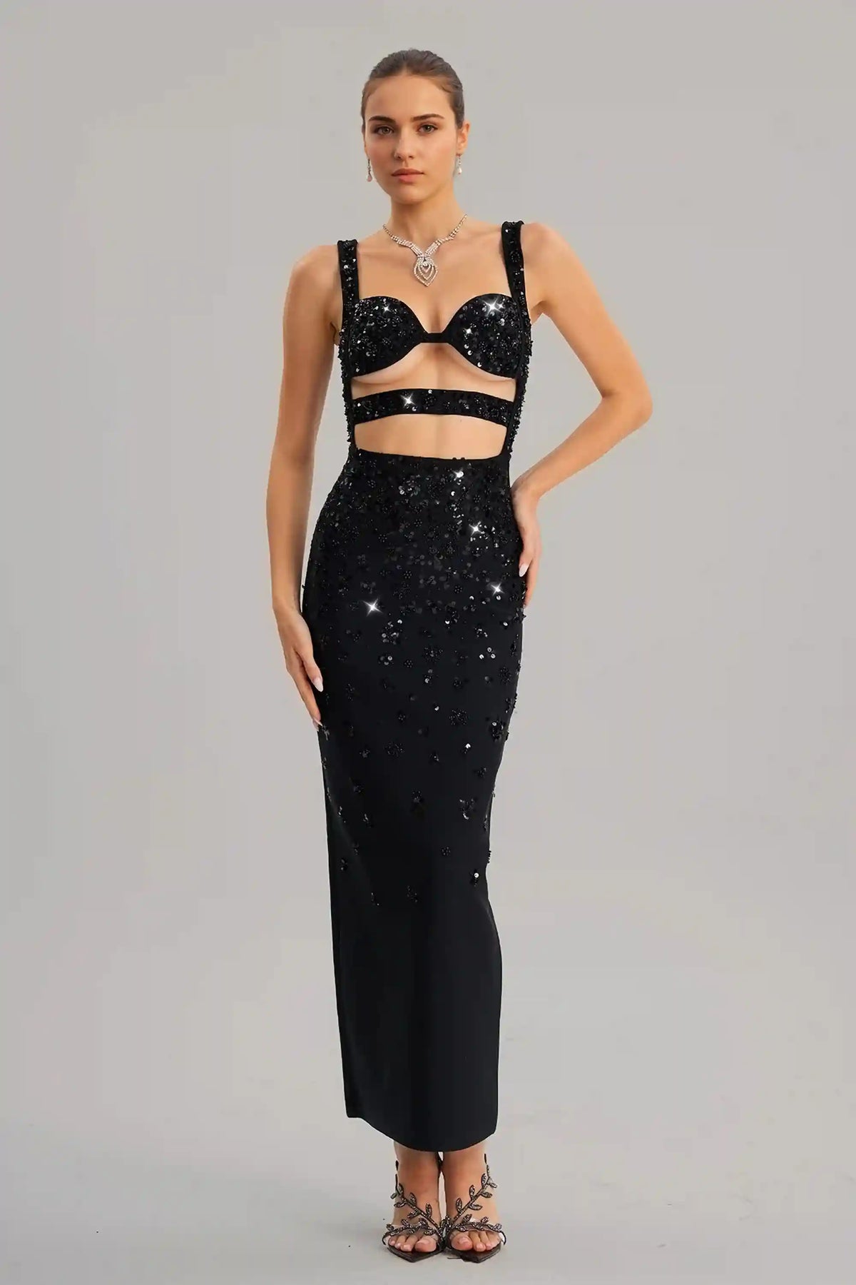 Black Sequin Cutout Maxi Dress